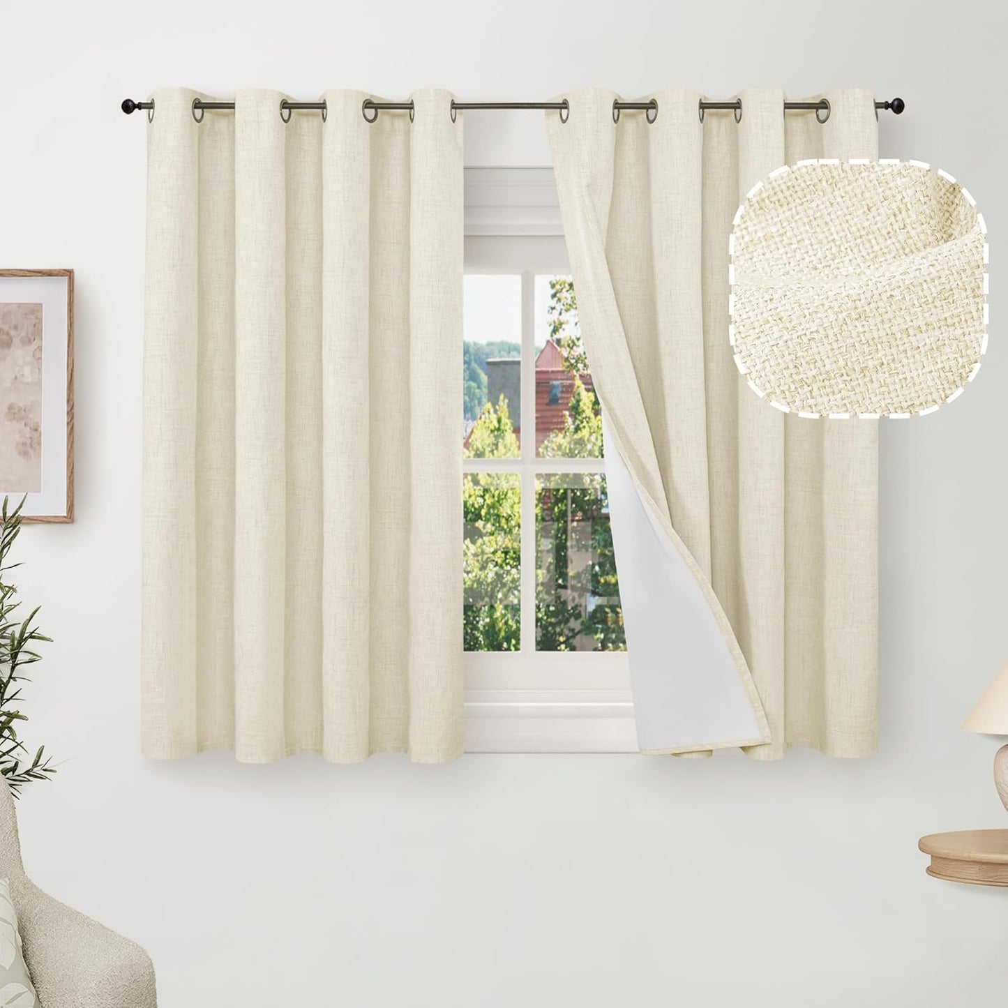 60 Inch Wide Linen Blackout Curtains for Living Room/Bedroom 84 Inch Length 2 Panels, Total Black Out Thermal Insulated Soundproof Grommet Boho Window Drapes White Liner for Modern Farmhouse, Natural