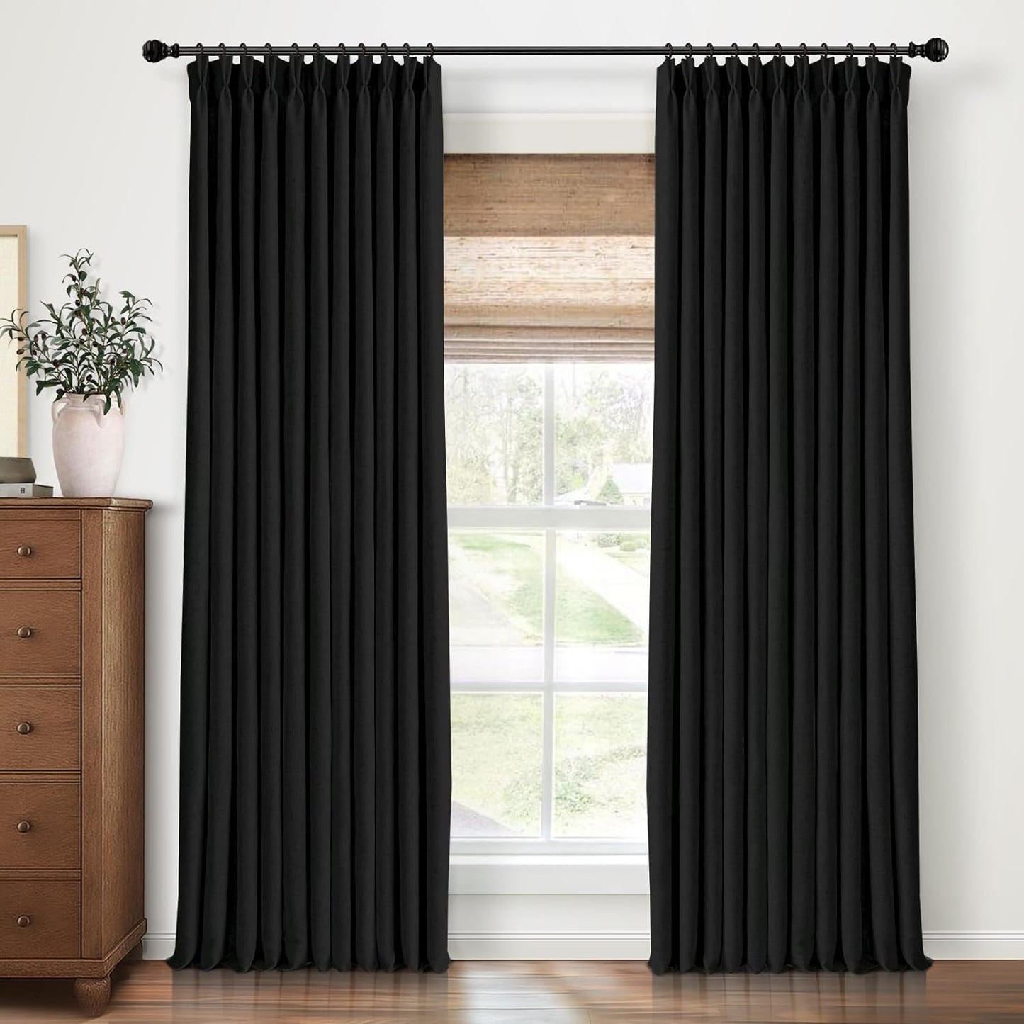 Pinch Pleated Blackout Curtains 96 Inches Long, Linen Blend, 100% Blackout Drapes with 20 Hooks, Ideal for Bedroom and Living Room, 40" W x 96" L (Pack of 2), Natural
