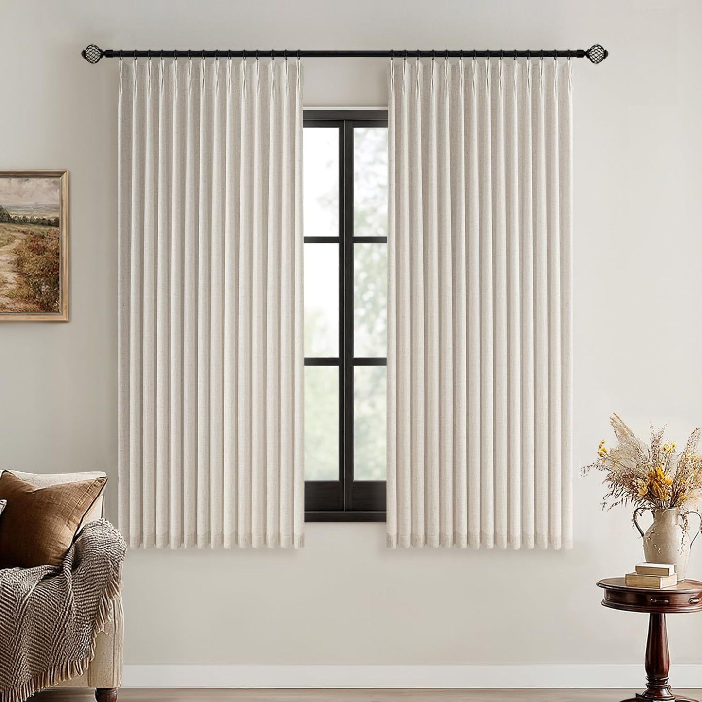 MIULEE Natural Pinch Pleated 100% Blackout Linen Curtains for Bedroom, Room Darkening Light Blocking Window Curtains 84 inches Long for Living Room, Black Out Pleat Drapes with Pin Hooks, 2 Panels