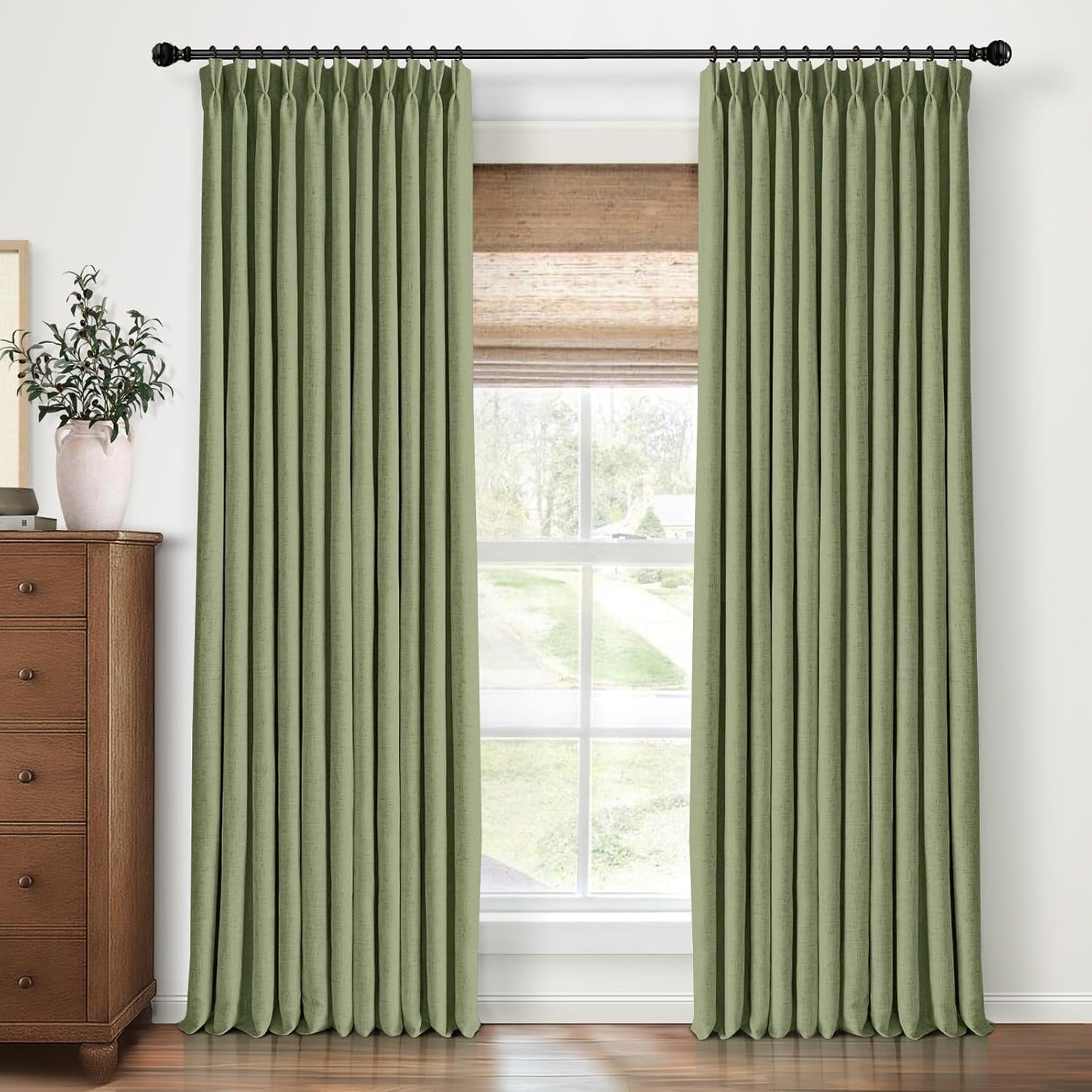 Pinch Pleated Blackout Curtains 96 Inches Long, Linen Blend, 100% Blackout Drapes with 20 Hooks, Ideal for Bedroom and Living Room, 40" W x 96" L (Pack of 2), Natural