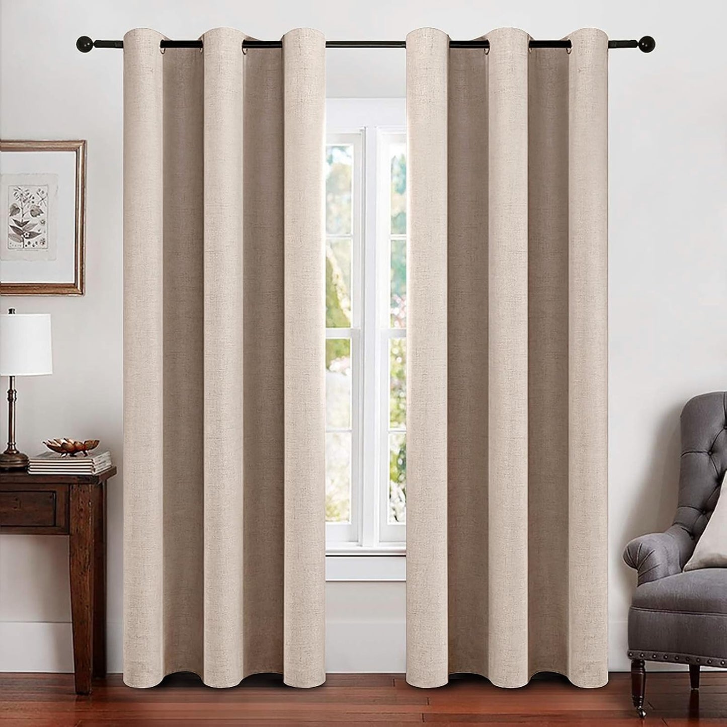 MIULEE 100% Blackout Linen Textured Curtains for Bedroom Solid Thermal Insulated Natural Beige Grommet Room Darkening Curtains & Drapes Luxury Decor for Living Room Nursery 62 x 96 Inch (2 Panels)