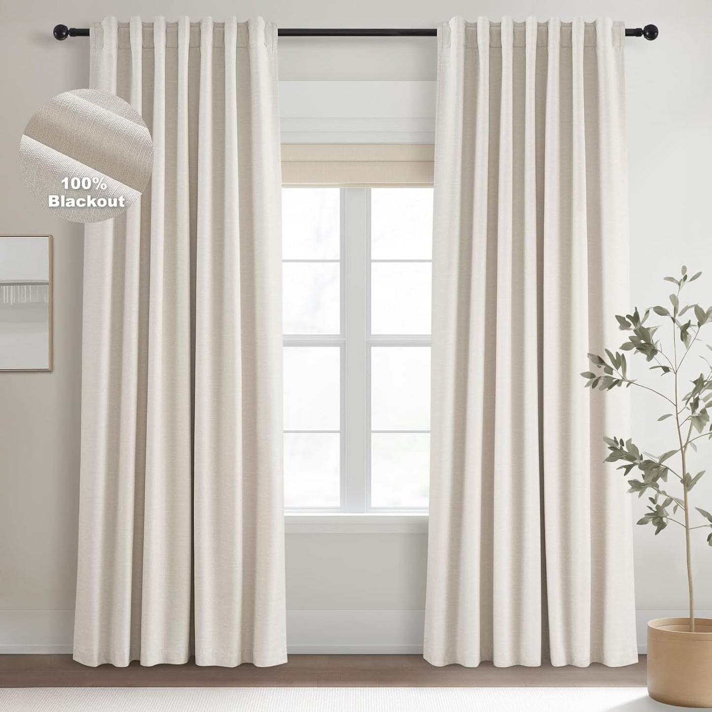 Topfinel Linen Blackout Curtains 96 Inch Long, Light Blocking Rustic Neutral Thermal Insulated Brown Natural Linen Cabin Back Tab Viral Drapery Drapes with Hooks Rings 2 Panel Sets, Brown Tan 8 FT