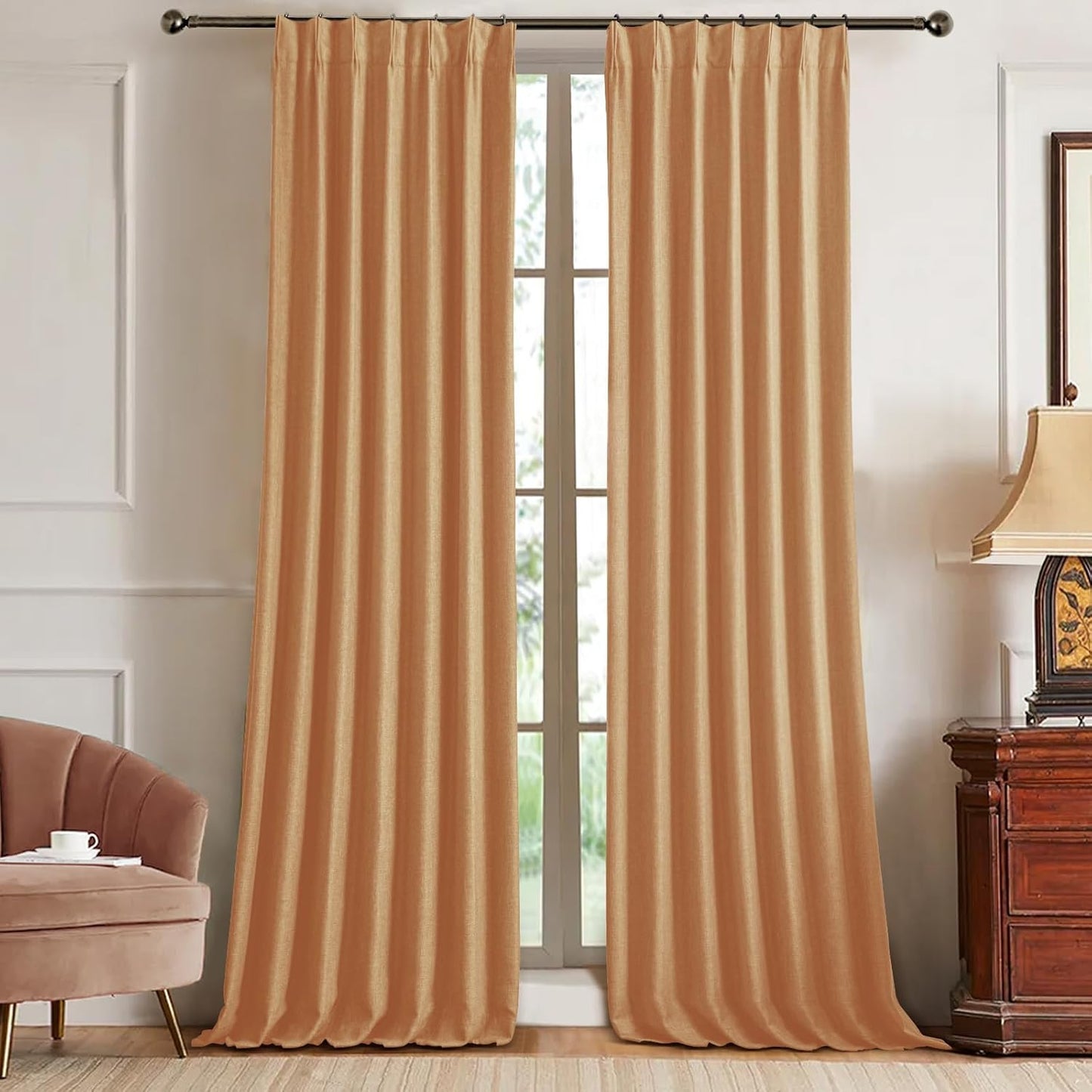 Pinch Pleated 100% Blackout Linen Curtains 95 Inches Long for Bedroom Natural Black Out Pleat Curtains for Living Dining Room Darkening Thermal Insulated Window Curtain Drapes with Pin Hooks, 2 Panels