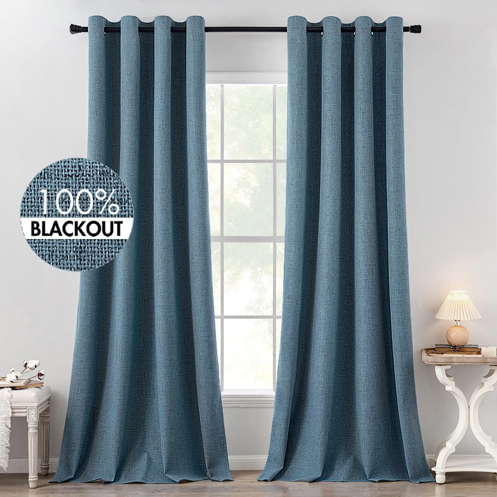 MIULEE 100% Blackout Linen Textured Curtains for Bedroom Solid Thermal Insulated Natural Beige Grommet Room Darkening Curtains & Drapes Luxury Decor for Living Room Nursery 62 x 96 Inch (2 Panels)