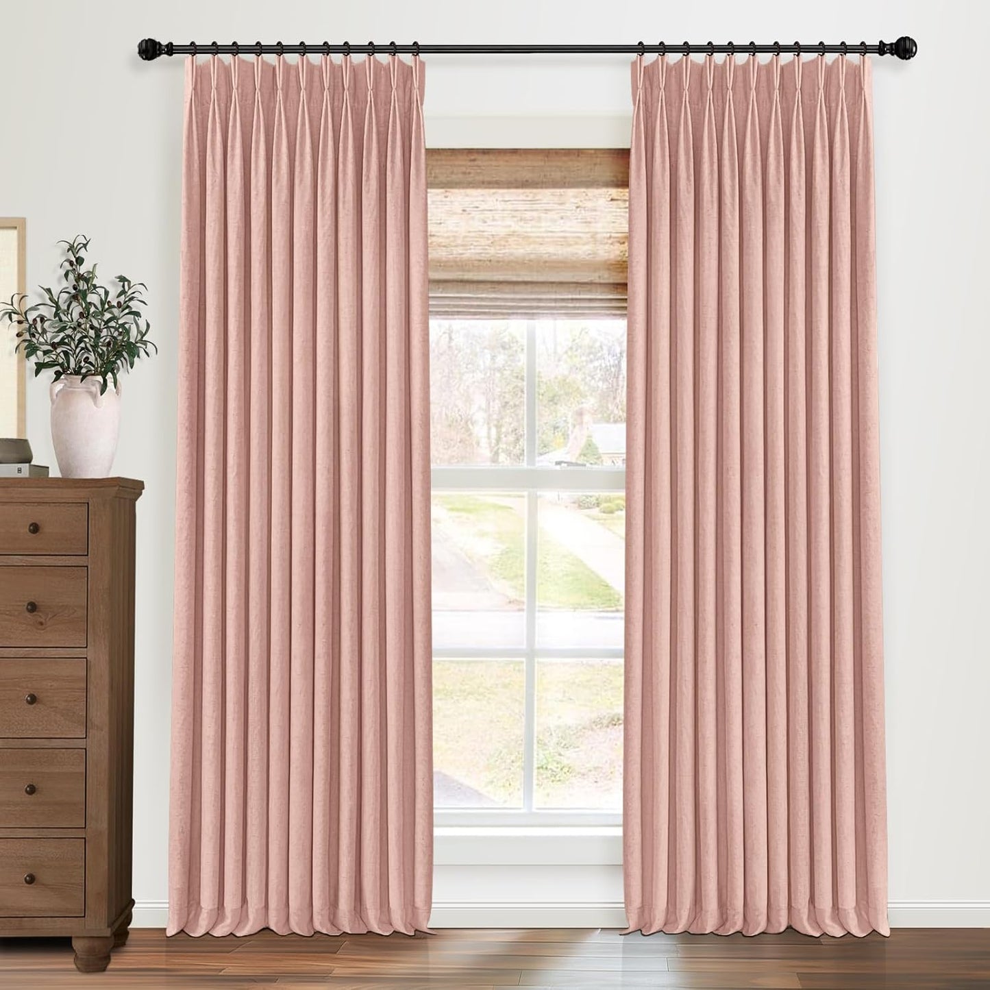 Pinch Pleated Blackout Curtains 96 Inches Long, Linen Blend, 100% Blackout Drapes with 20 Hooks, Ideal for Bedroom and Living Room, 40" W x 96" L (Pack of 2), Natural