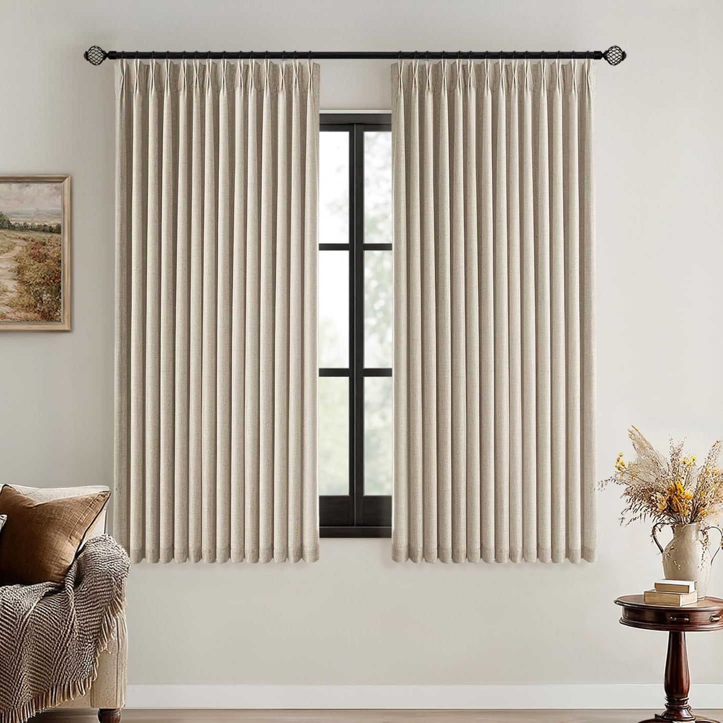 MIULEE Natural Pinch Pleated 100% Blackout Linen Curtains for Bedroom, Room Darkening Light Blocking Window Curtains 84 inches Long for Living Room, Black Out Pleat Drapes with Pin Hooks, 2 Panels