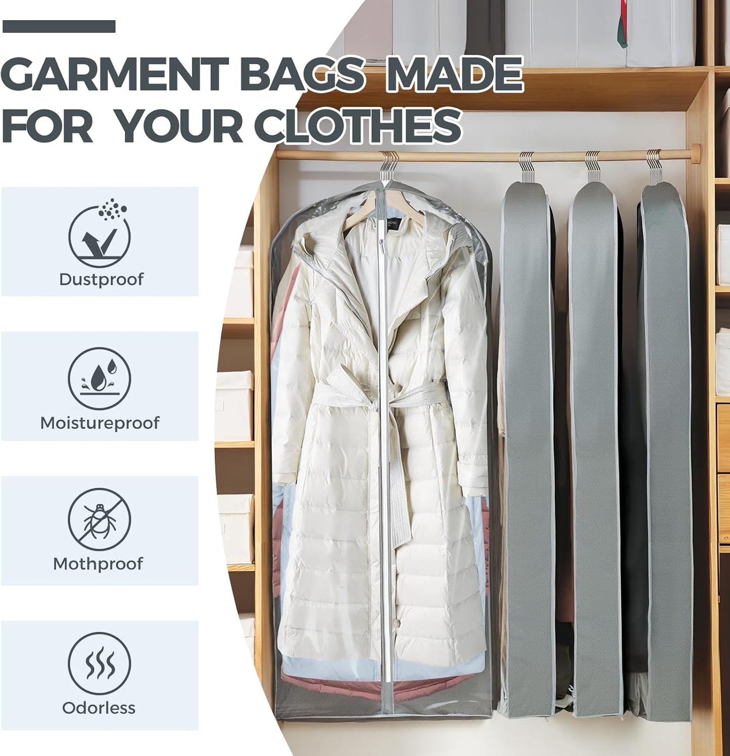 6 Pcs 60" Garment Bags for Hanging Clothes, Clear Suit Bags for Closet Storage Clothing Storage, Garment Bags Shoulder Covers with 4" Gussets for Coats, Jackets, Shirts and Sweater