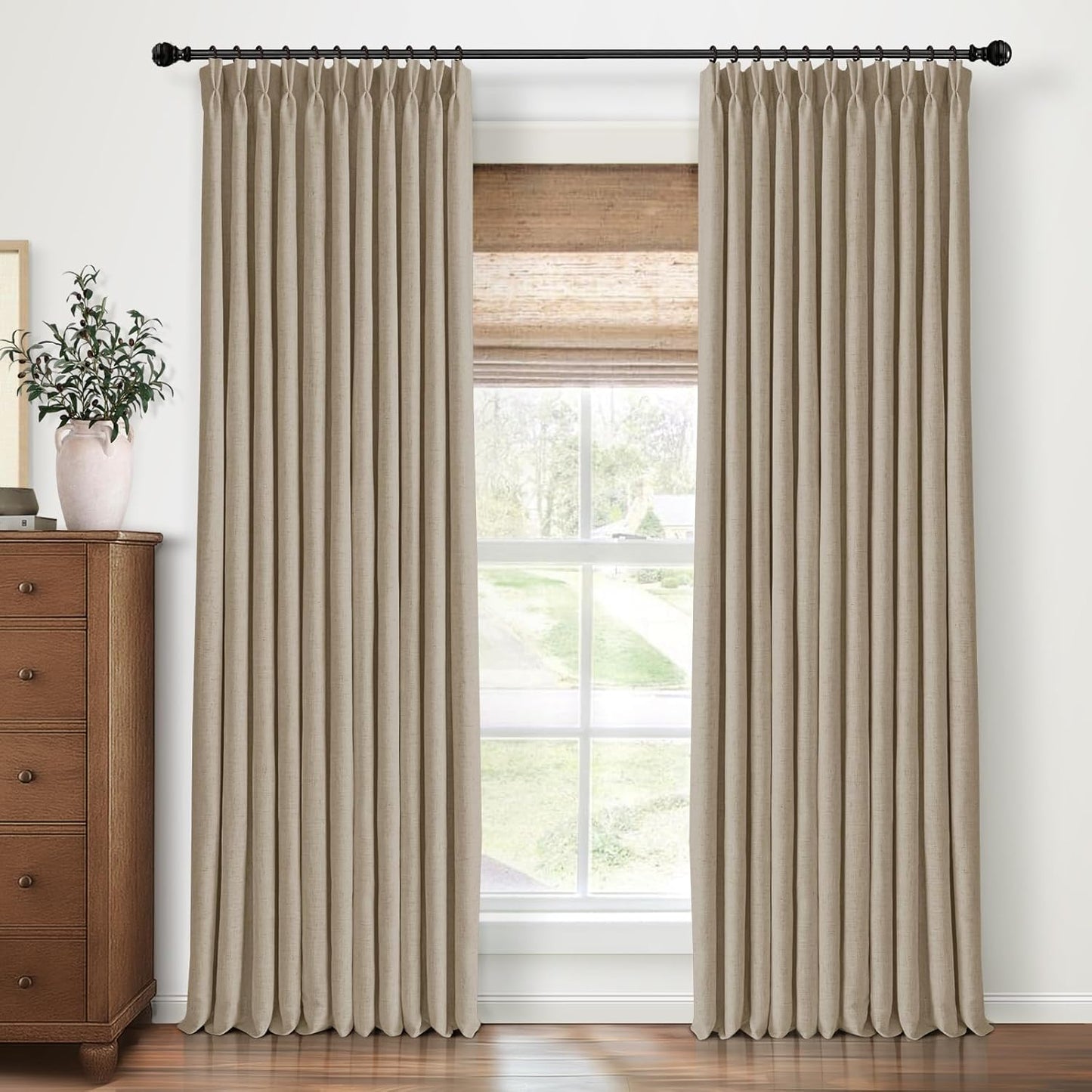 Pinch Pleated Blackout Curtains 96 Inches Long, Linen Blend, 100% Blackout Drapes with 20 Hooks, Ideal for Bedroom and Living Room, 40" W x 96" L (Pack of 2), Natural