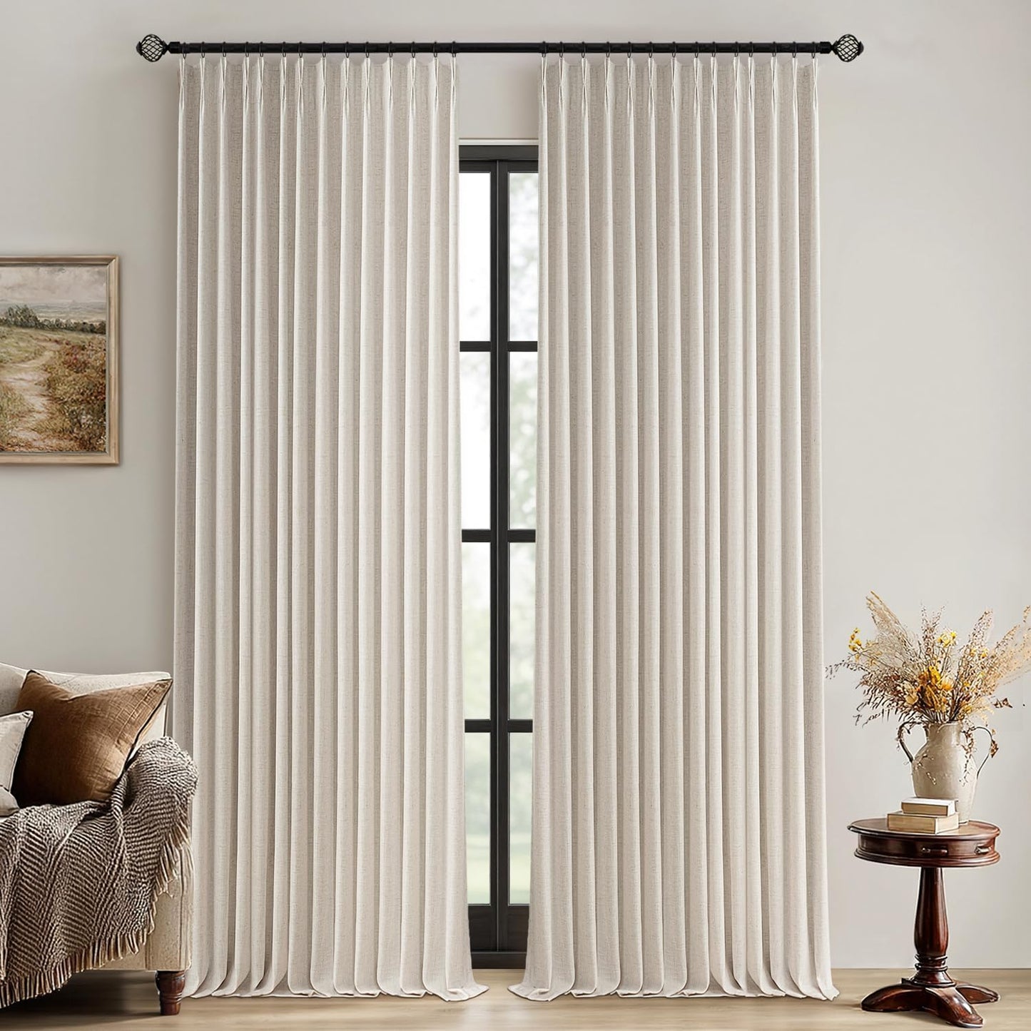 MIULEE Natural Pinch Pleated 100% Blackout Linen Curtains for Bedroom, Room Darkening Light Blocking Window Curtains 84 inches Long for Living Room, Black Out Pleat Drapes with Pin Hooks, 2 Panels