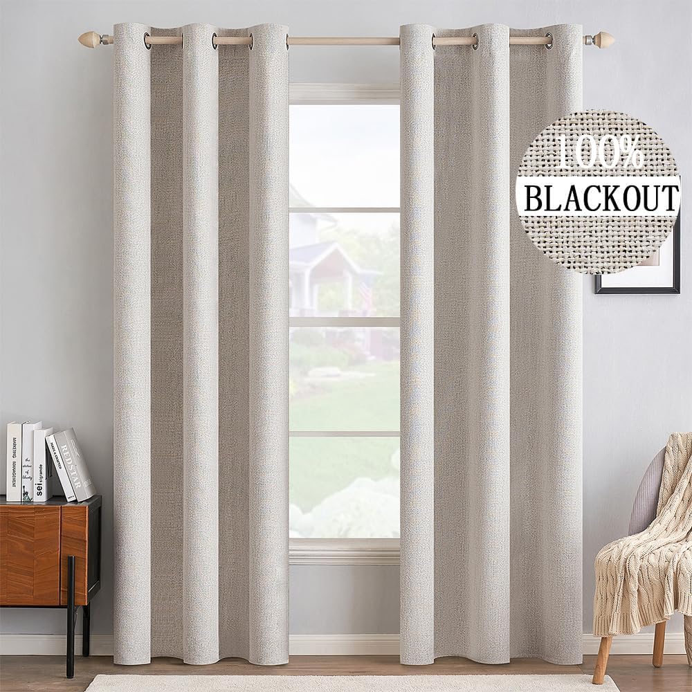 MIULEE 100% Blackout Linen Textured Curtains for Bedroom Solid Thermal Insulated Natural Beige Grommet Room Darkening Curtains & Drapes Luxury Decor for Living Room Nursery 62 x 96 Inch (2 Panels)