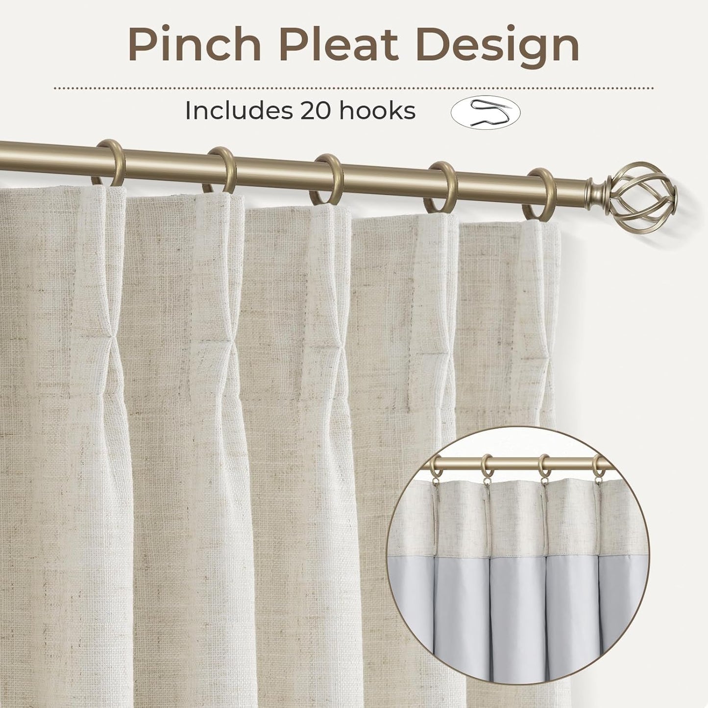 Pinch Pleated Blackout Curtains 96 Inches Long, Linen Blend, 100% Blackout Drapes with 20 Hooks, Ideal for Bedroom and Living Room, 40" W x 96" L (Pack of 2), Natural