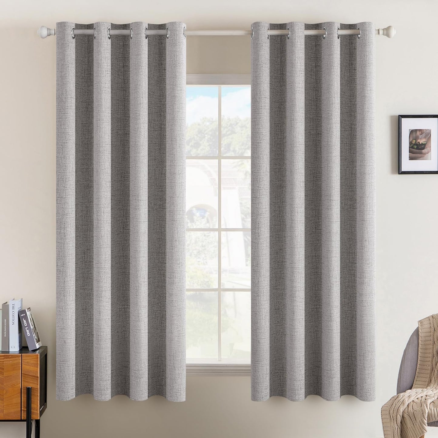 MIULEE 100% Blackout Linen Textured Curtains for Bedroom Solid Thermal Insulated Natural Beige Grommet Room Darkening Curtains & Drapes Luxury Decor for Living Room Nursery 62 x 96 Inch (2 Panels)