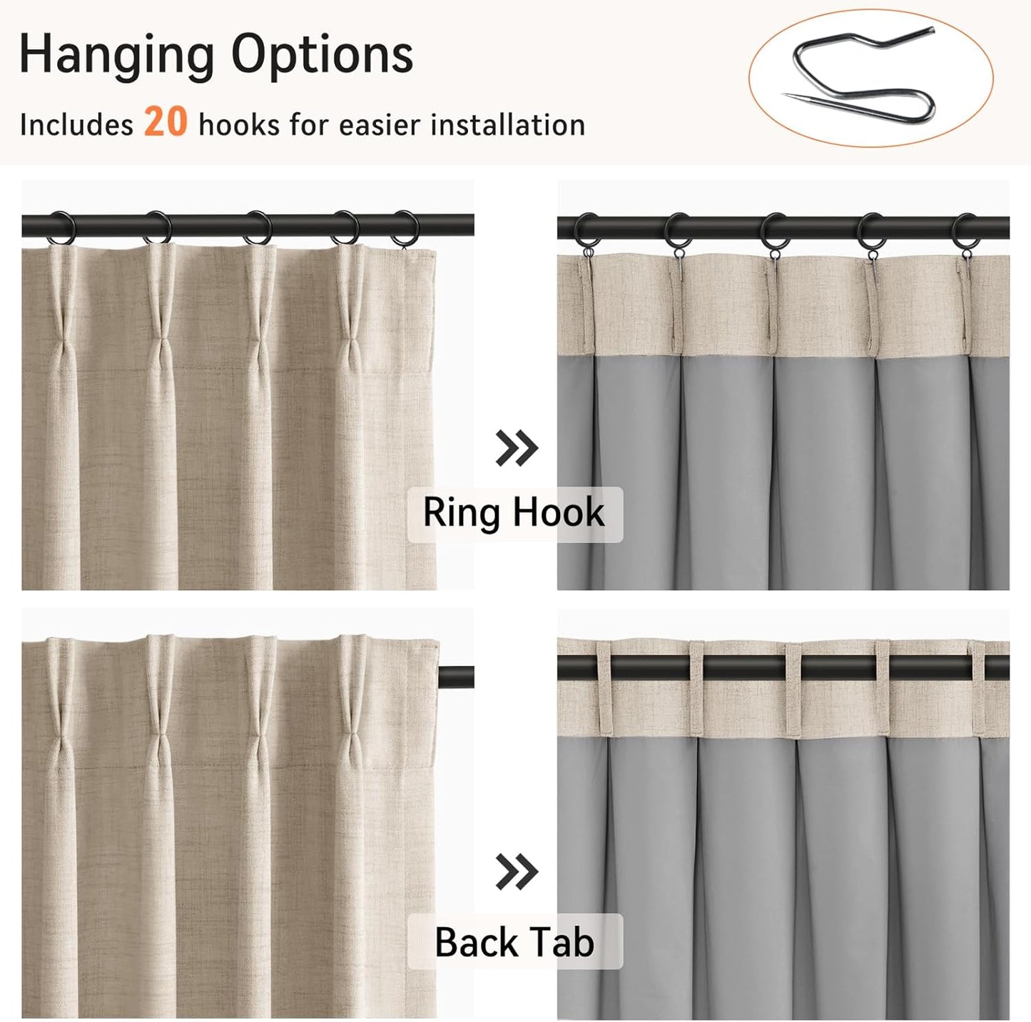 100% Blackout Shield Linen Look Textured Pinch Pleated Curtains Blackout Drapes 102 Inch Long 2 Panels Set, Faux Linen Blackout Curtains for Bedroom & Living Room, 40" W x 102" L, Oatmeal