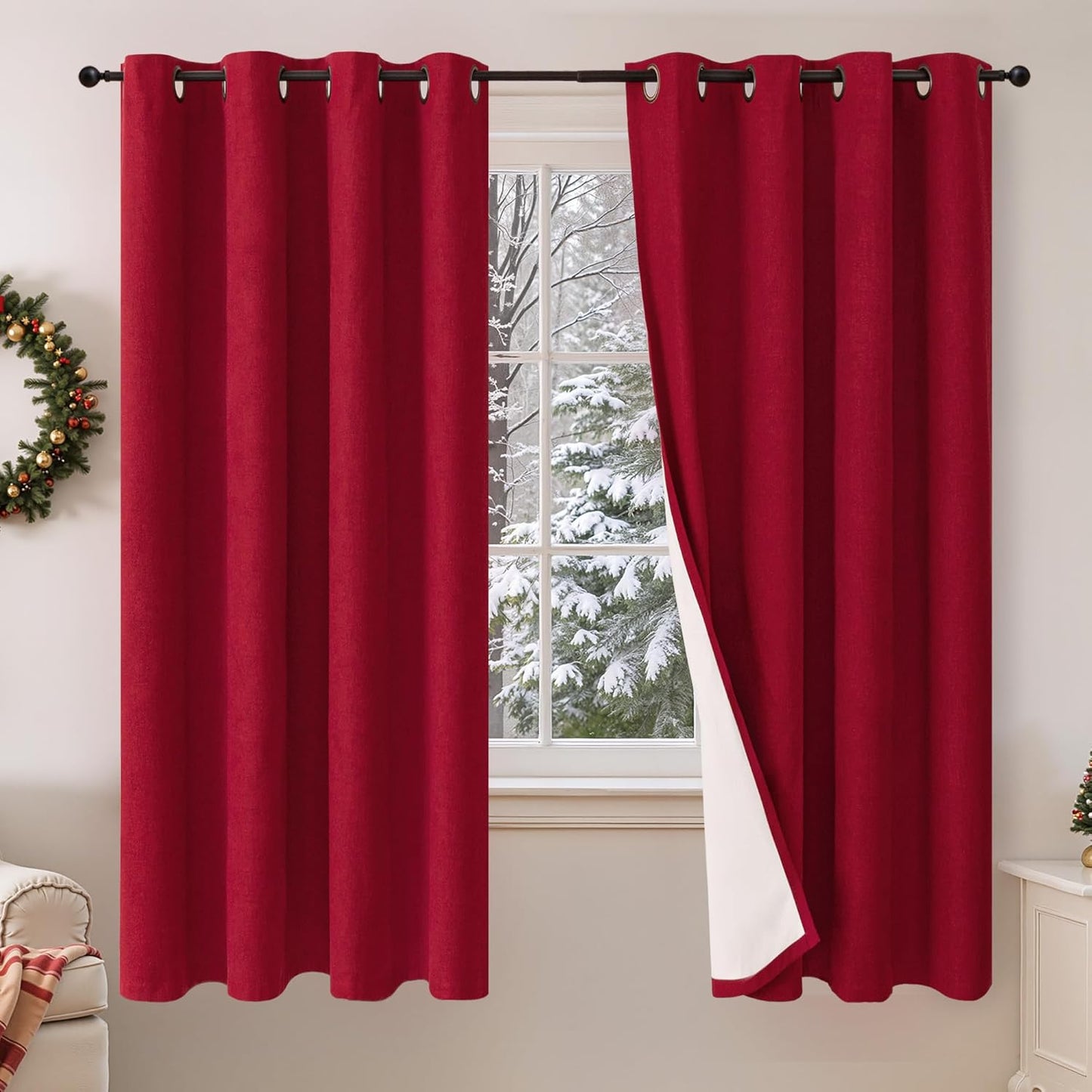 60 Inch Wide Linen Blackout Curtains for Living Room/Bedroom 84 Inch Length 2 Panels, Total Black Out Thermal Insulated Soundproof Grommet Boho Window Drapes White Liner for Modern Farmhouse, Natural
