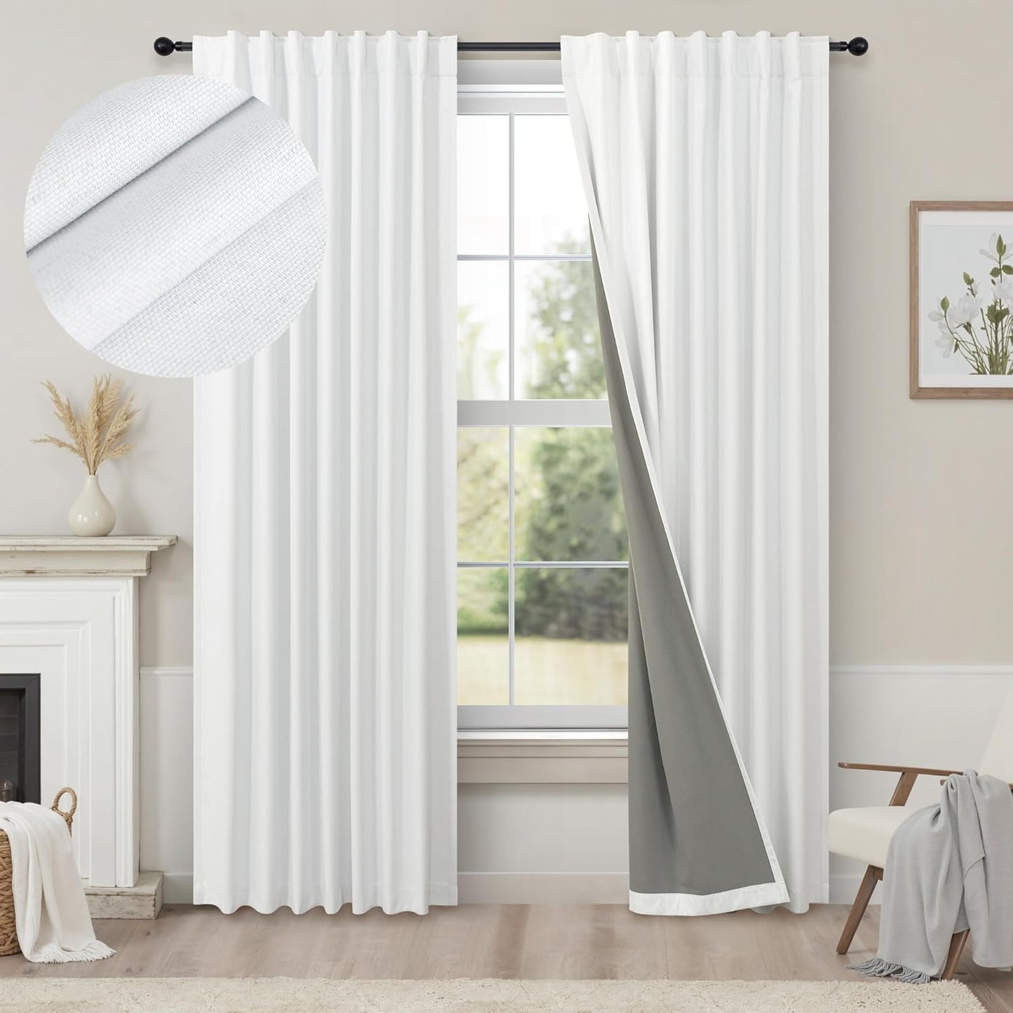 Cream Linen Black Out Curtains 70 Inches Extra Wide for Living Room 2 Panels Back Tab Pocket Pleated Ivory Blackout Bedroom for 72 Inches Window Curtain 84 Inch Long Thermal Room Darkening Heavy Drape