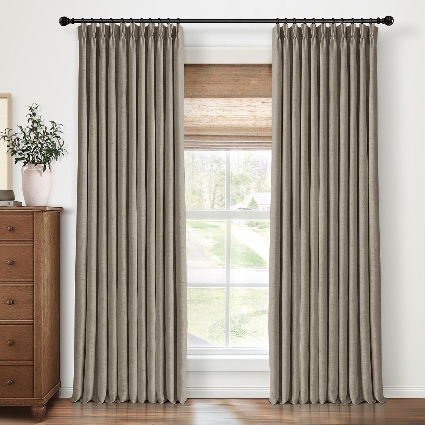 Pinch Pleated Blackout Curtains 96 Inches Long, Linen Blend, 100% Blackout Drapes with 20 Hooks, Ideal for Bedroom and Living Room, 40" W x 96" L (Pack of 2), Natural