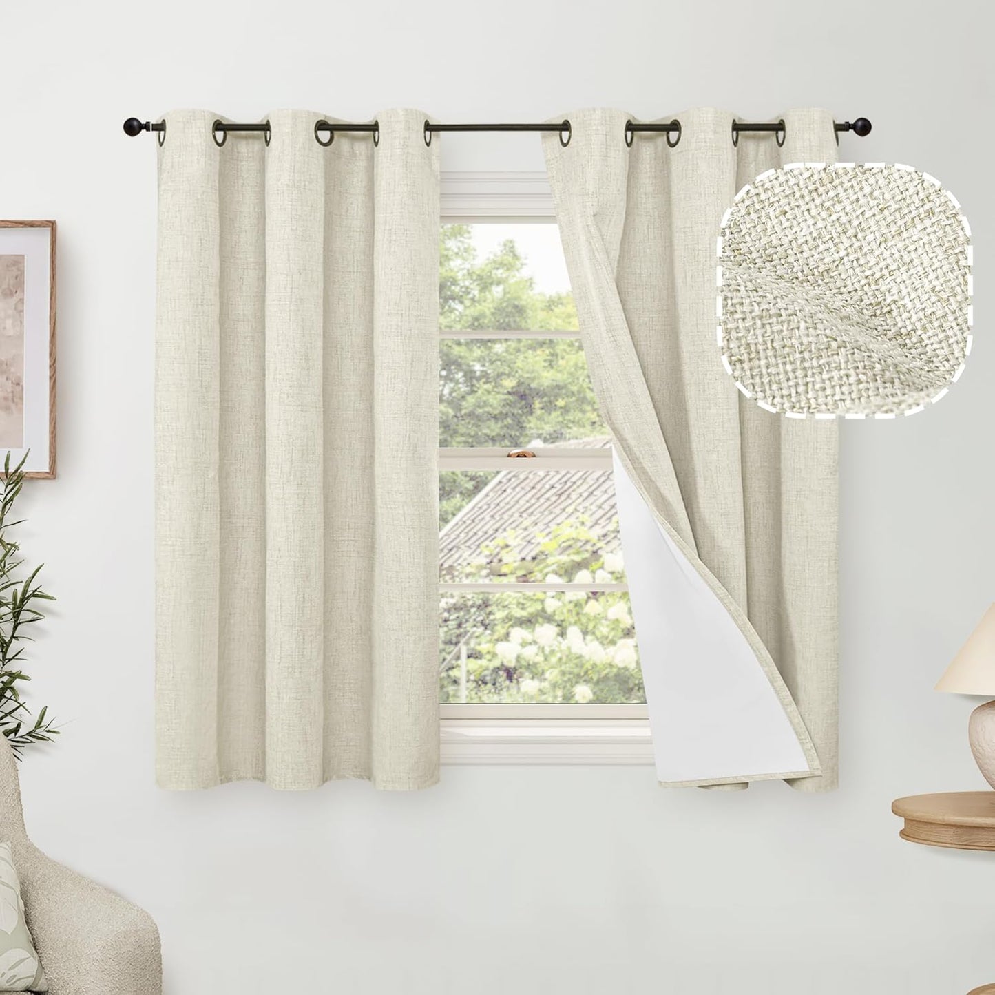 60 Inch Wide Linen Blackout Curtains for Living Room/Bedroom 84 Inch Length 2 Panels, Total Black Out Thermal Insulated Soundproof Grommet Boho Window Drapes White Liner for Modern Farmhouse, Natural
