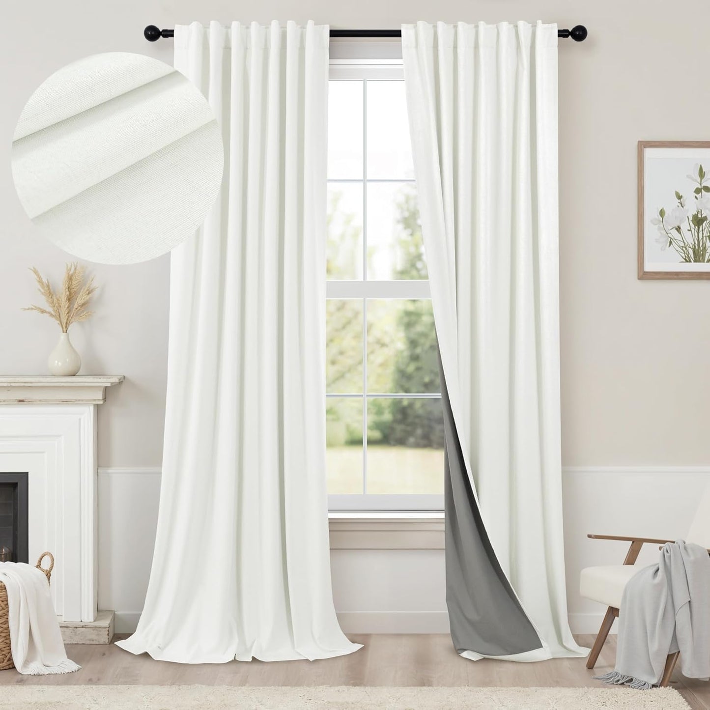 Cream Linen Black Out Curtains 70 Inches Extra Wide for Living Room 2 Panels Back Tab Pocket Pleated Ivory Blackout Bedroom for 72 Inches Window Curtain 84 Inch Long Thermal Room Darkening Heavy Drape