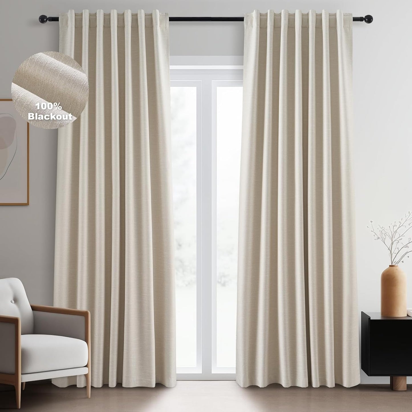 Topfinel Linen Blackout Curtains 96 Inch Long, Light Blocking Rustic Neutral Thermal Insulated Brown Natural Linen Cabin Back Tab Viral Drapery Drapes with Hooks Rings 2 Panel Sets, Brown Tan 8 FT