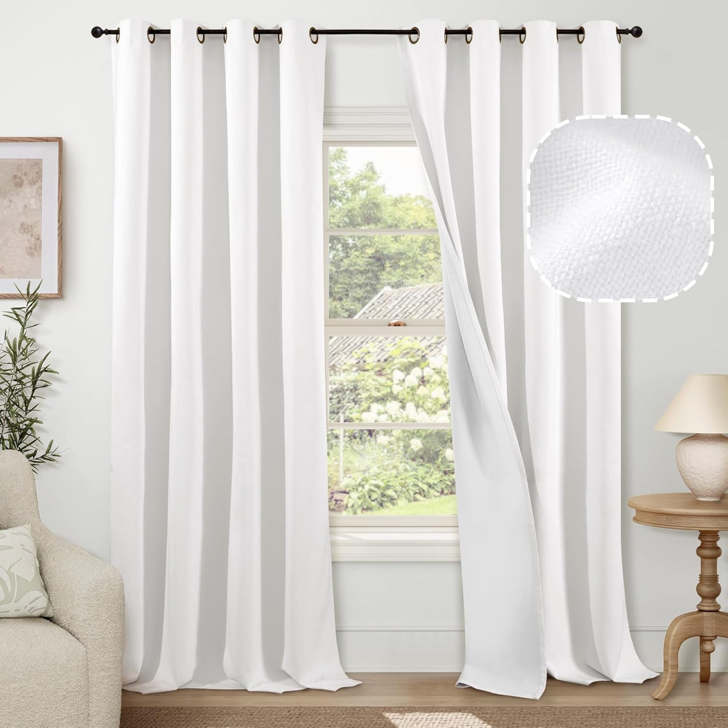 60 Inch Wide Linen Blackout Curtains for Living Room/Bedroom 84 Inch Length 2 Panels, Total Black Out Thermal Insulated Soundproof Grommet Boho Window Drapes White Liner for Modern Farmhouse, Natural