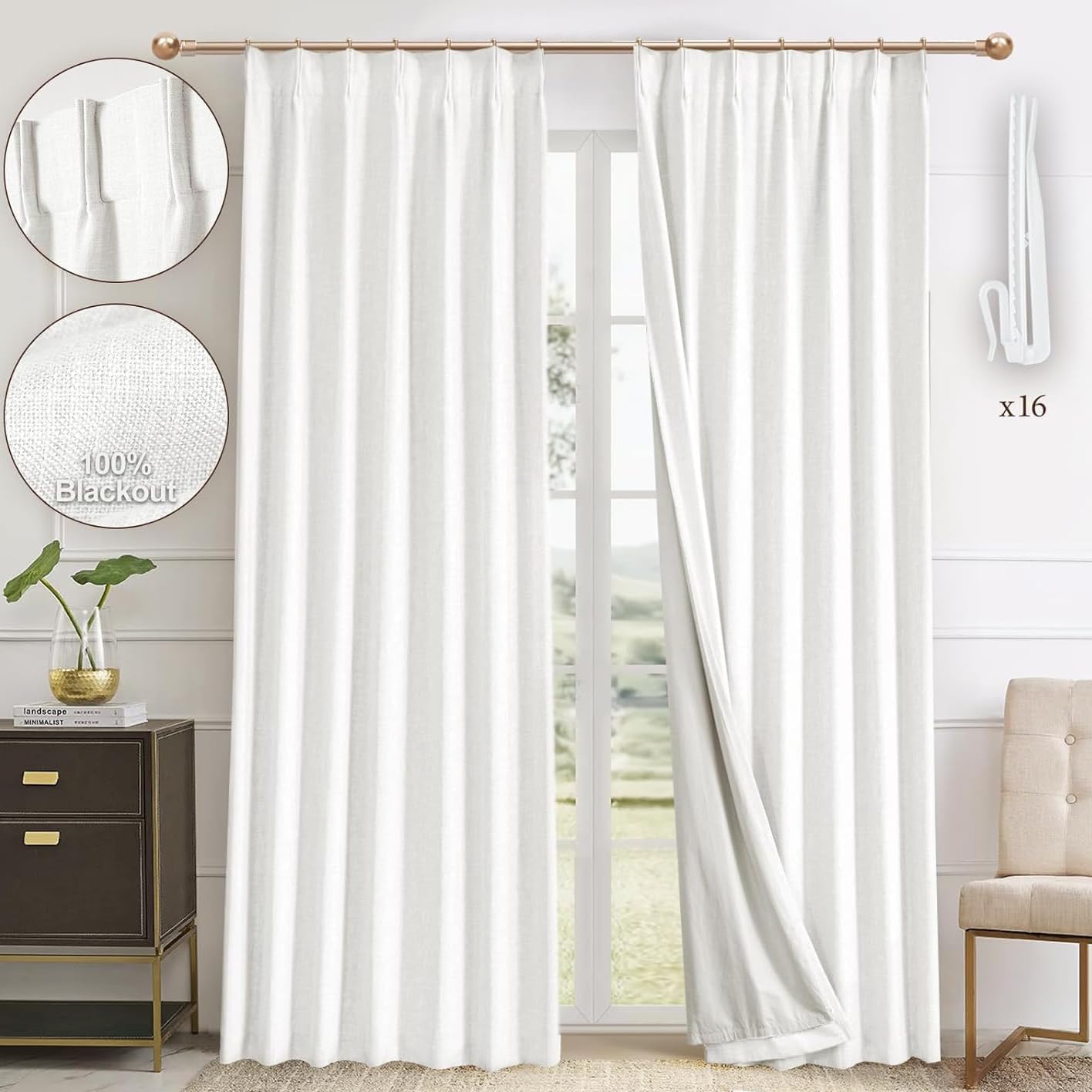 Pinch Pleated 100% Blackout Linen Curtains 95 Inches Long for Bedroom Natural Black Out Pleat Curtains for Living Dining Room Darkening Thermal Insulated Window Curtain Drapes with Pin Hooks, 2 Panels