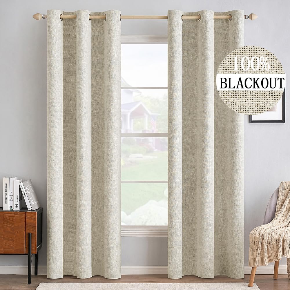 MIULEE 100% Blackout Linen Textured Curtains for Bedroom Solid Thermal Insulated Natural Beige Grommet Room Darkening Curtains & Drapes Luxury Decor for Living Room Nursery 62 x 96 Inch (2 Panels)