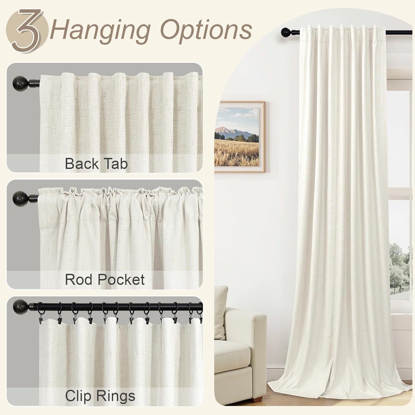 Cream Linen Black Out Curtains 70 Inches Extra Wide for Living Room 2 Panels Back Tab Pocket Pleated Ivory Blackout Bedroom for 72 Inches Window Curtain 84 Inch Long Thermal Room Darkening Heavy Drape