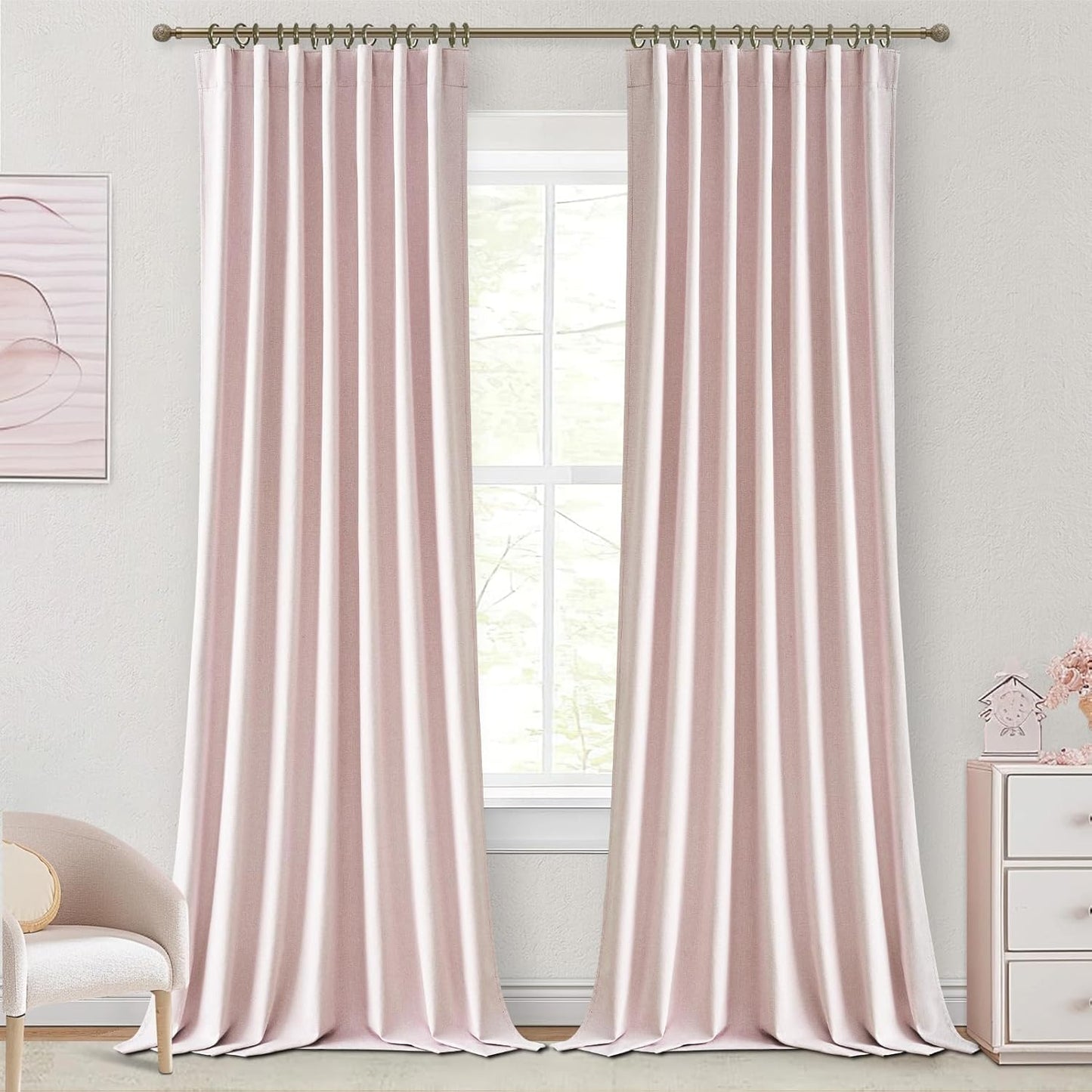 Natural Linen Blackout 92 Inch Bedroom Curtains 2 Panel Sets, Rustic Boho Cream Pleated Ceiling Track Curtain for Dining Room Heat Blocking Privacy Heavy Drape 92 Inches Long Oatmeal Back Tab