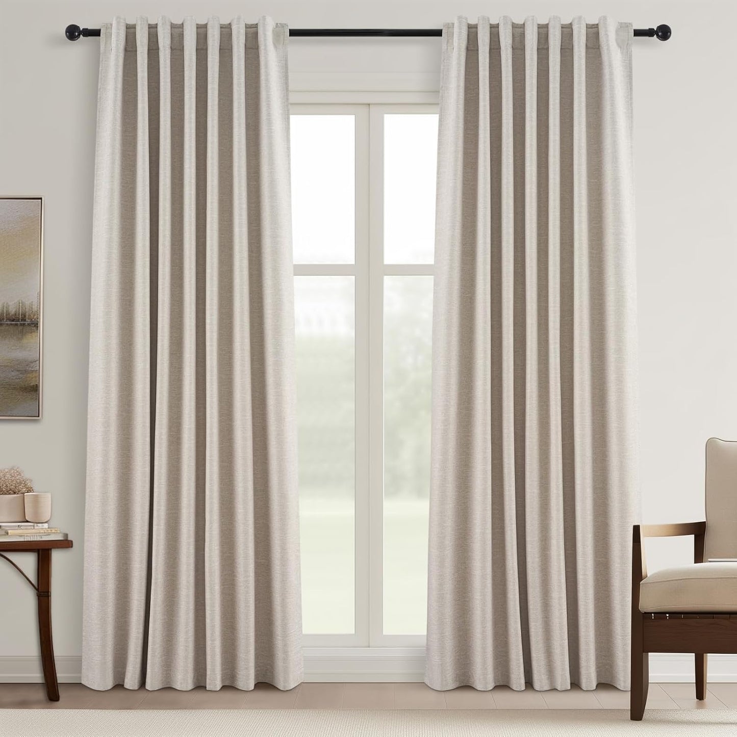 Topfinel Linen Blackout Curtains 96 Inch Long, Light Blocking Rustic Neutral Thermal Insulated Brown Natural Linen Cabin Back Tab Viral Drapery Drapes with Hooks Rings 2 Panel Sets, Brown Tan 8 FT