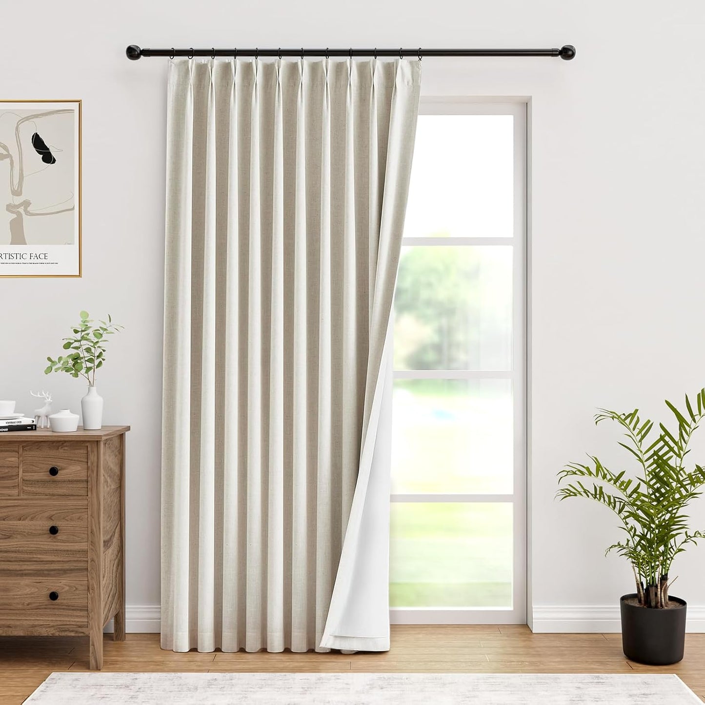 Pinch Pleated 100% Blackout Linen Curtains 95 Inches Long for Bedroom Natural Black Out Pleat Curtains for Living Dining Room Darkening Thermal Insulated Window Curtain Drapes with Pin Hooks, 2 Panels
