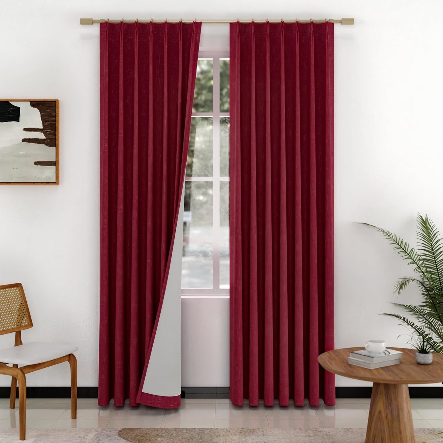 Pinch Pleated 100% Blackout Linen Curtains 95 Inches Long for Bedroom Natural Black Out Pleat Curtains for Living Dining Room Darkening Thermal Insulated Window Curtain Drapes with Pin Hooks, 2 Panels