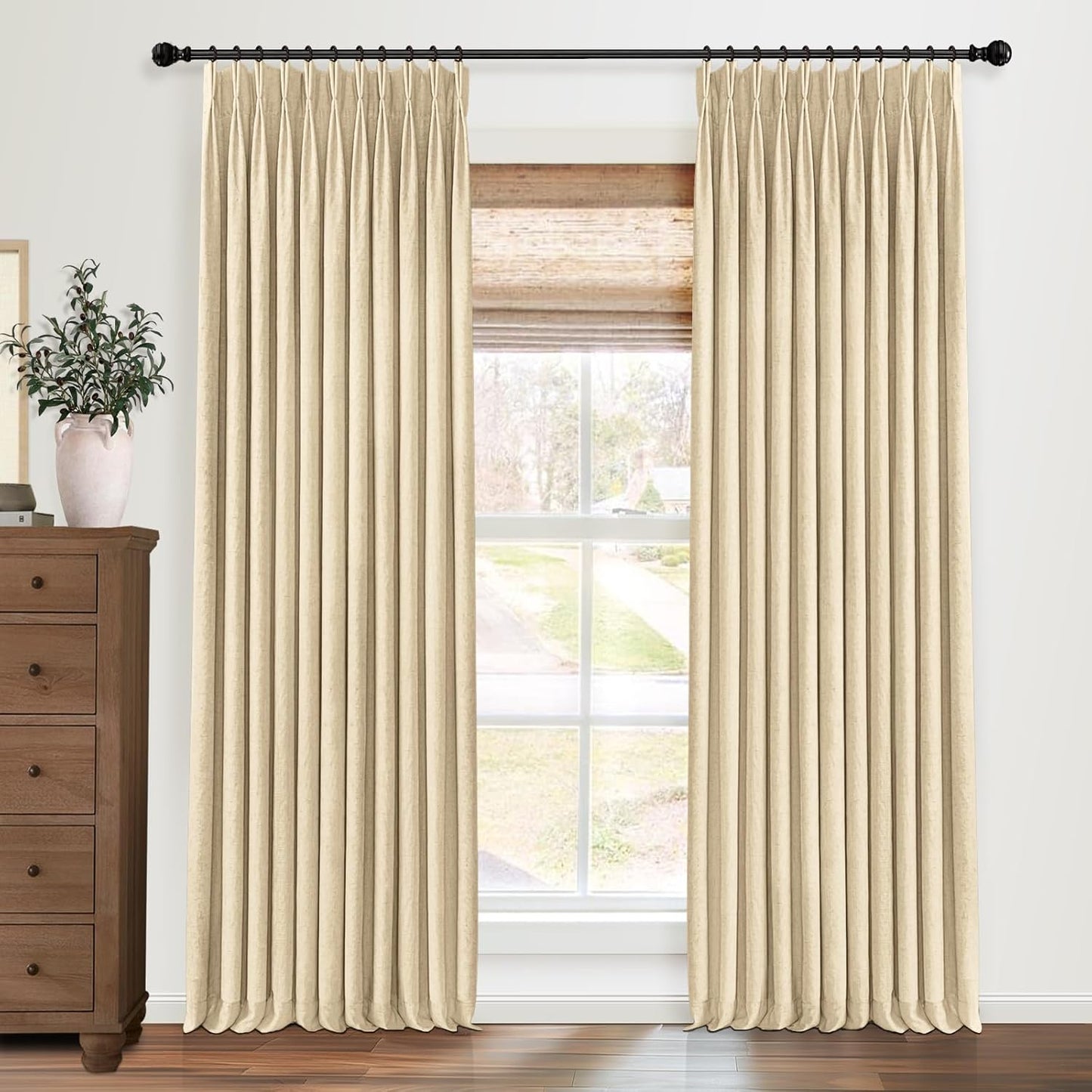 Pinch Pleated Blackout Curtains 96 Inches Long, Linen Blend, 100% Blackout Drapes with 20 Hooks, Ideal for Bedroom and Living Room, 40" W x 96" L (Pack of 2), Natural
