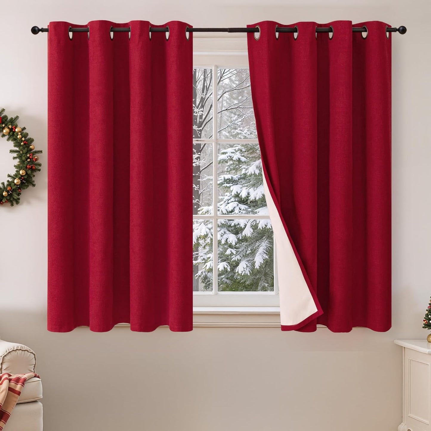 60 Inch Wide Linen Blackout Curtains for Living Room/Bedroom 84 Inch Length 2 Panels, Total Black Out Thermal Insulated Soundproof Grommet Boho Window Drapes White Liner for Modern Farmhouse, Natural