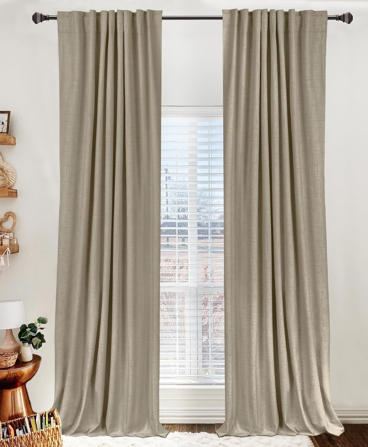 100% Blackout Shield Linen Blackout Curtains for Bedroom 120 Inches Long, Back Tab/Rod Pocket Living Room Drapes, Thermal Insulated Blackout Curtains 2 Panels Set, 50" W x 120" L, Faux Linen