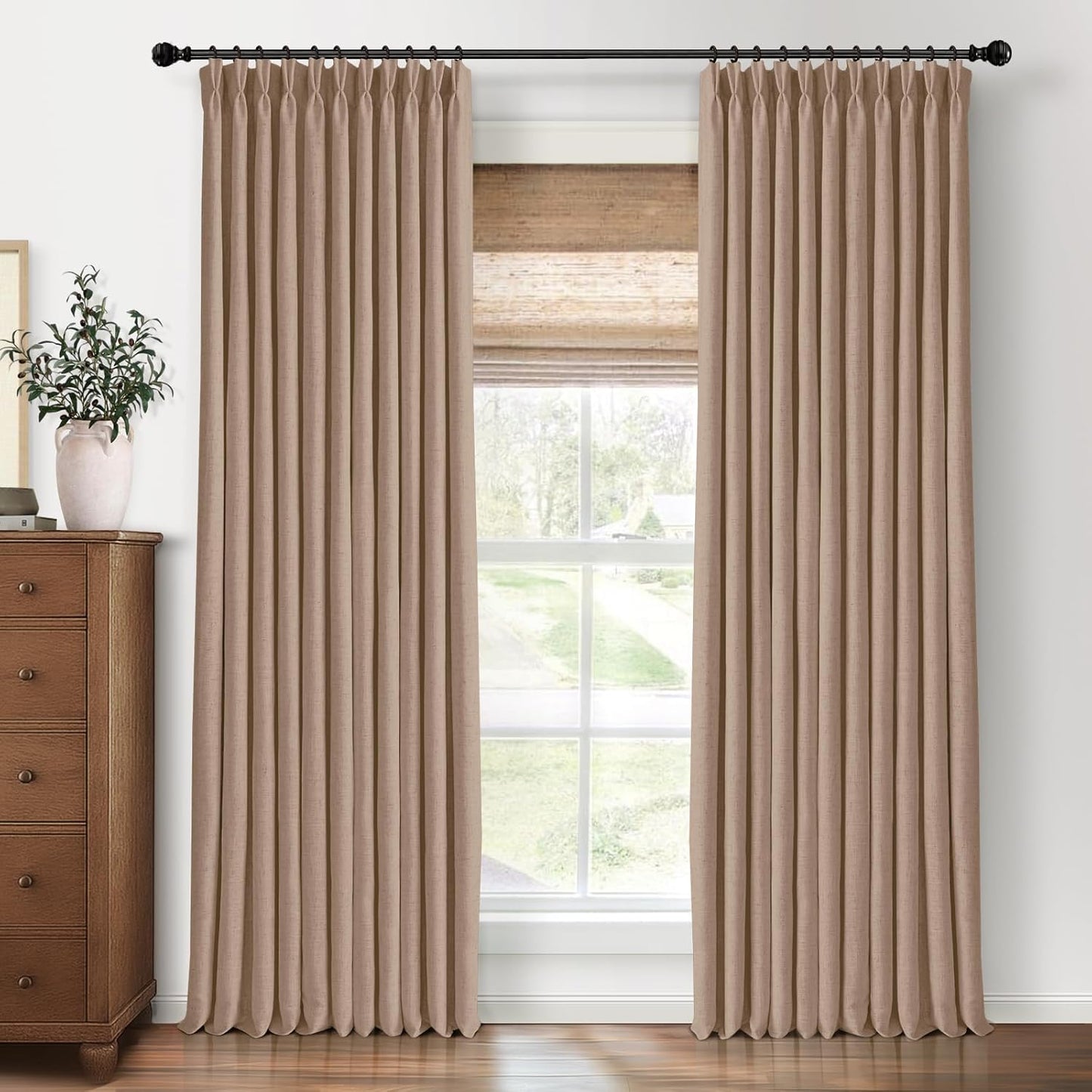 Pinch Pleated Blackout Curtains 96 Inches Long, Linen Blend, 100% Blackout Drapes with 20 Hooks, Ideal for Bedroom and Living Room, 40" W x 96" L (Pack of 2), Natural