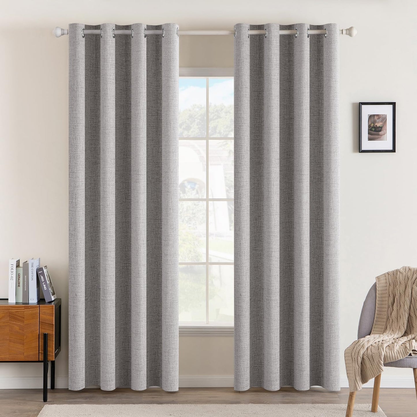 MIULEE 100% Blackout Linen Textured Curtains for Bedroom Solid Thermal Insulated Natural Beige Grommet Room Darkening Curtains & Drapes Luxury Decor for Living Room Nursery 62 x 96 Inch (2 Panels)