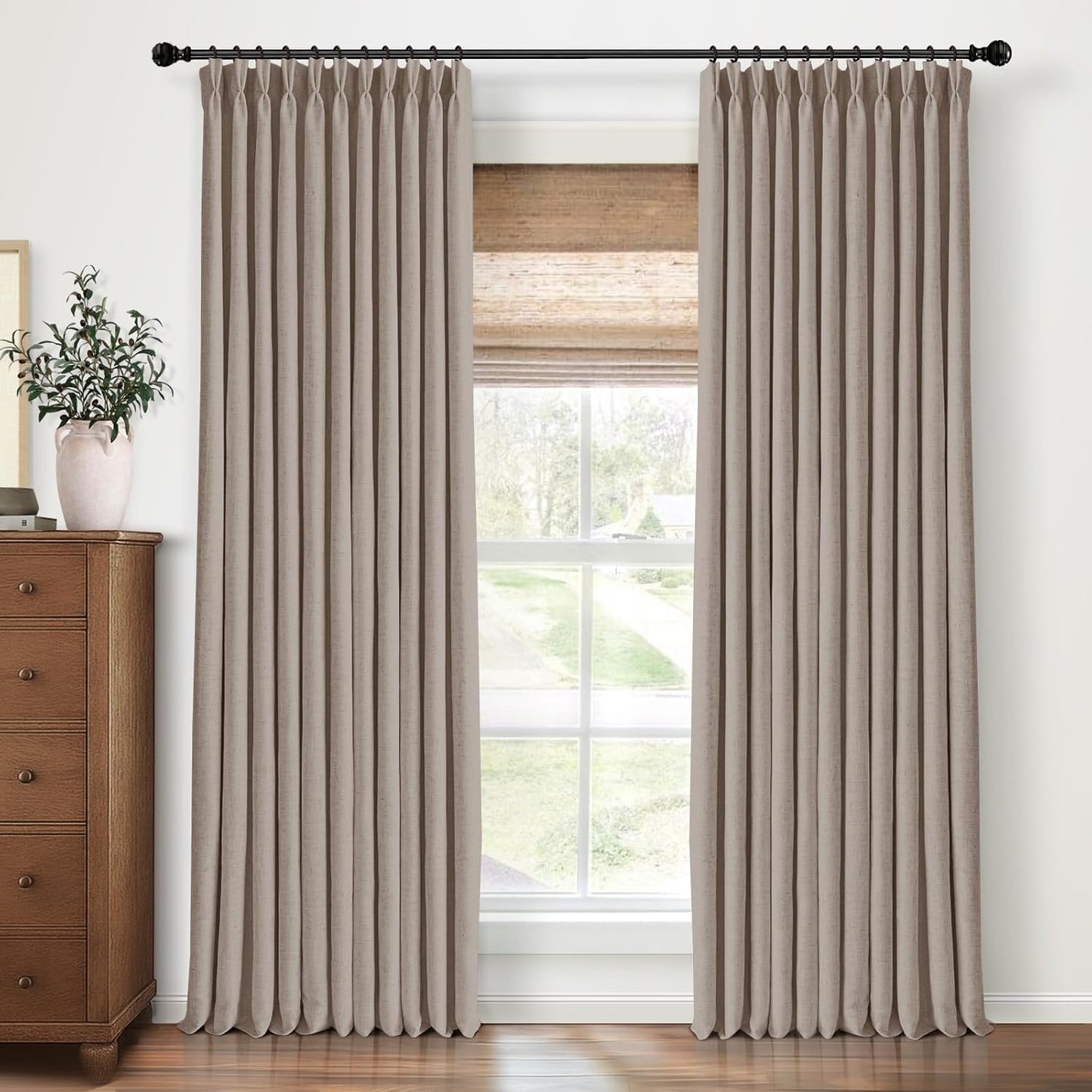 Pinch Pleated Blackout Curtains 96 Inches Long, Linen Blend, 100% Blackout Drapes with 20 Hooks, Ideal for Bedroom and Living Room, 40" W x 96" L (Pack of 2), Natural