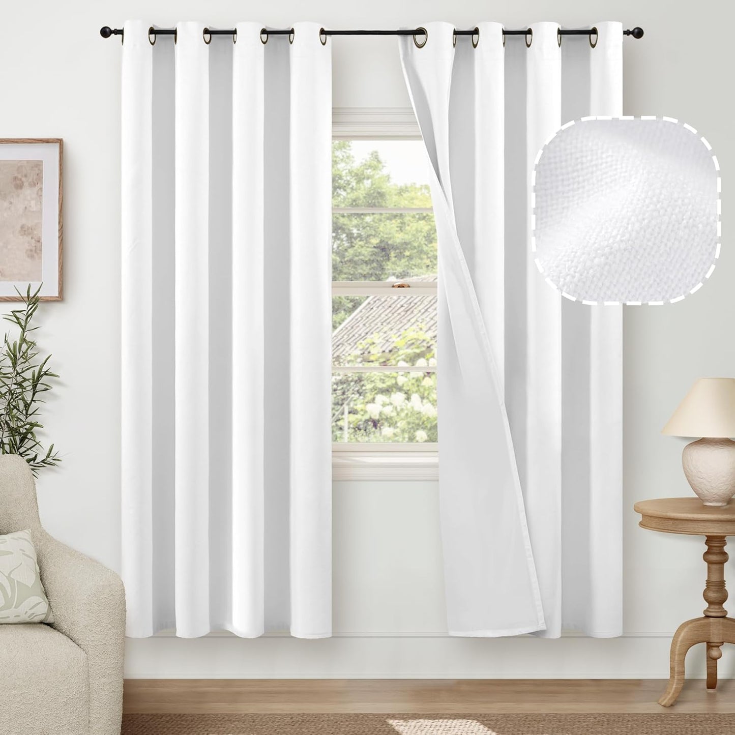 60 Inch Wide Linen Blackout Curtains for Living Room/Bedroom 84 Inch Length 2 Panels, Total Black Out Thermal Insulated Soundproof Grommet Boho Window Drapes White Liner for Modern Farmhouse, Natural
