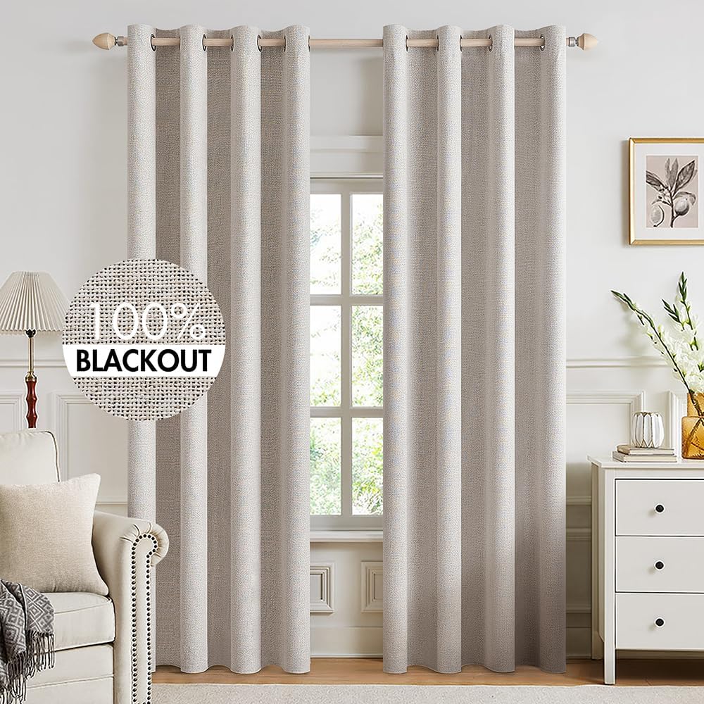 MIULEE 100% Blackout Linen Textured Curtains for Bedroom Solid Thermal Insulated Natural Beige Grommet Room Darkening Curtains & Drapes Luxury Decor for Living Room Nursery 62 x 96 Inch (2 Panels)
