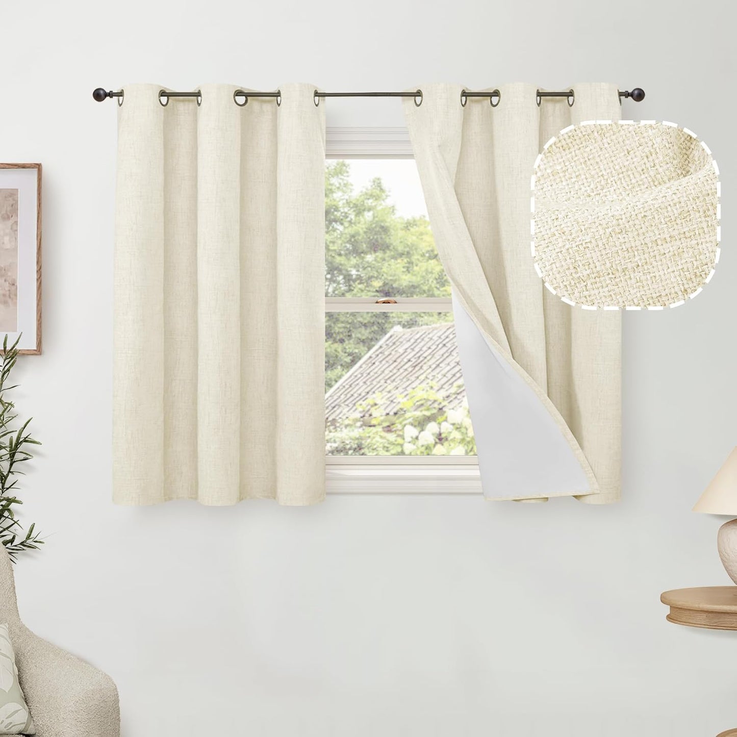 60 Inch Wide Linen Blackout Curtains for Living Room/Bedroom 84 Inch Length 2 Panels, Total Black Out Thermal Insulated Soundproof Grommet Boho Window Drapes White Liner for Modern Farmhouse, Natural