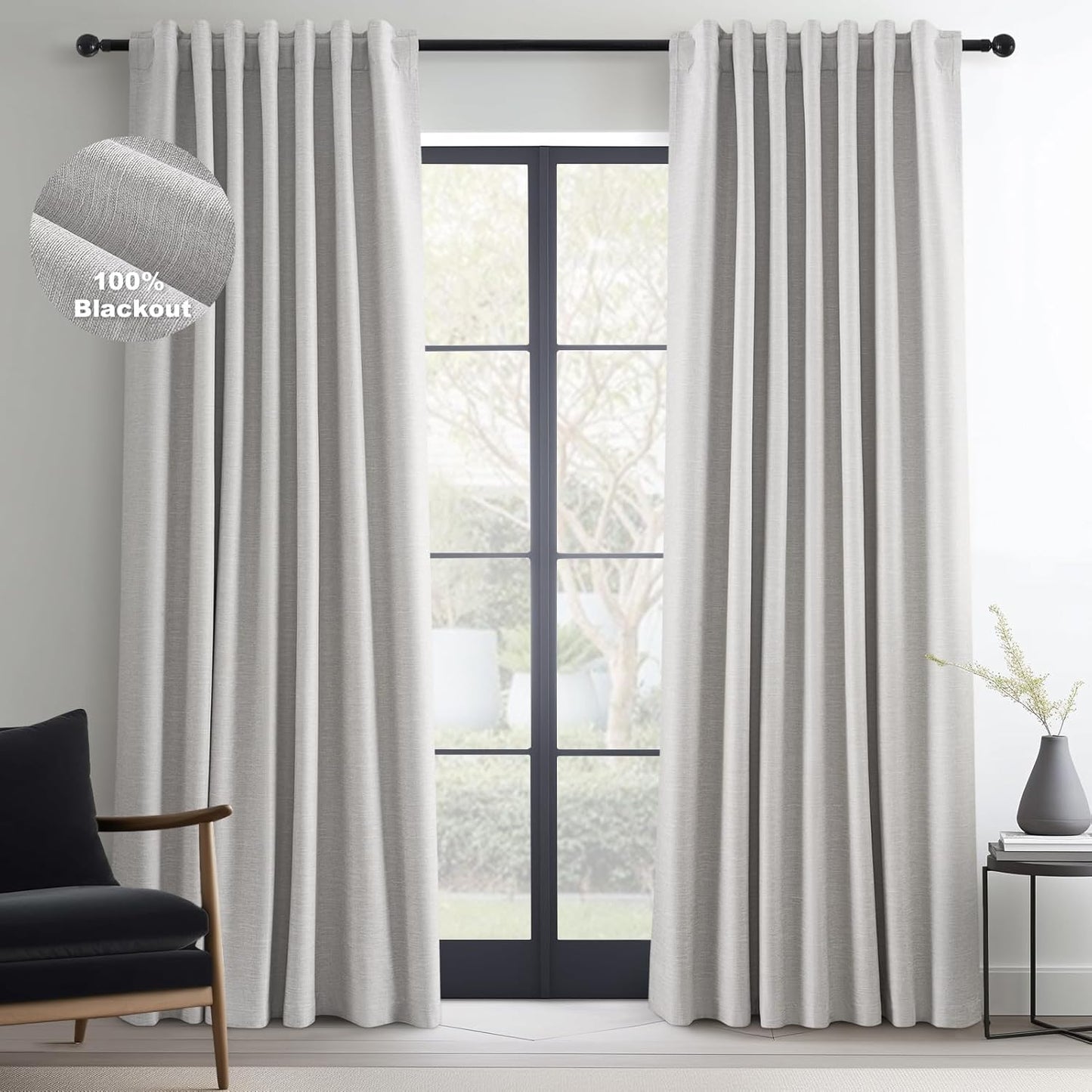 Topfinel Linen Blackout Curtains 96 Inch Long, Light Blocking Rustic Neutral Thermal Insulated Brown Natural Linen Cabin Back Tab Viral Drapery Drapes with Hooks Rings 2 Panel Sets, Brown Tan 8 FT