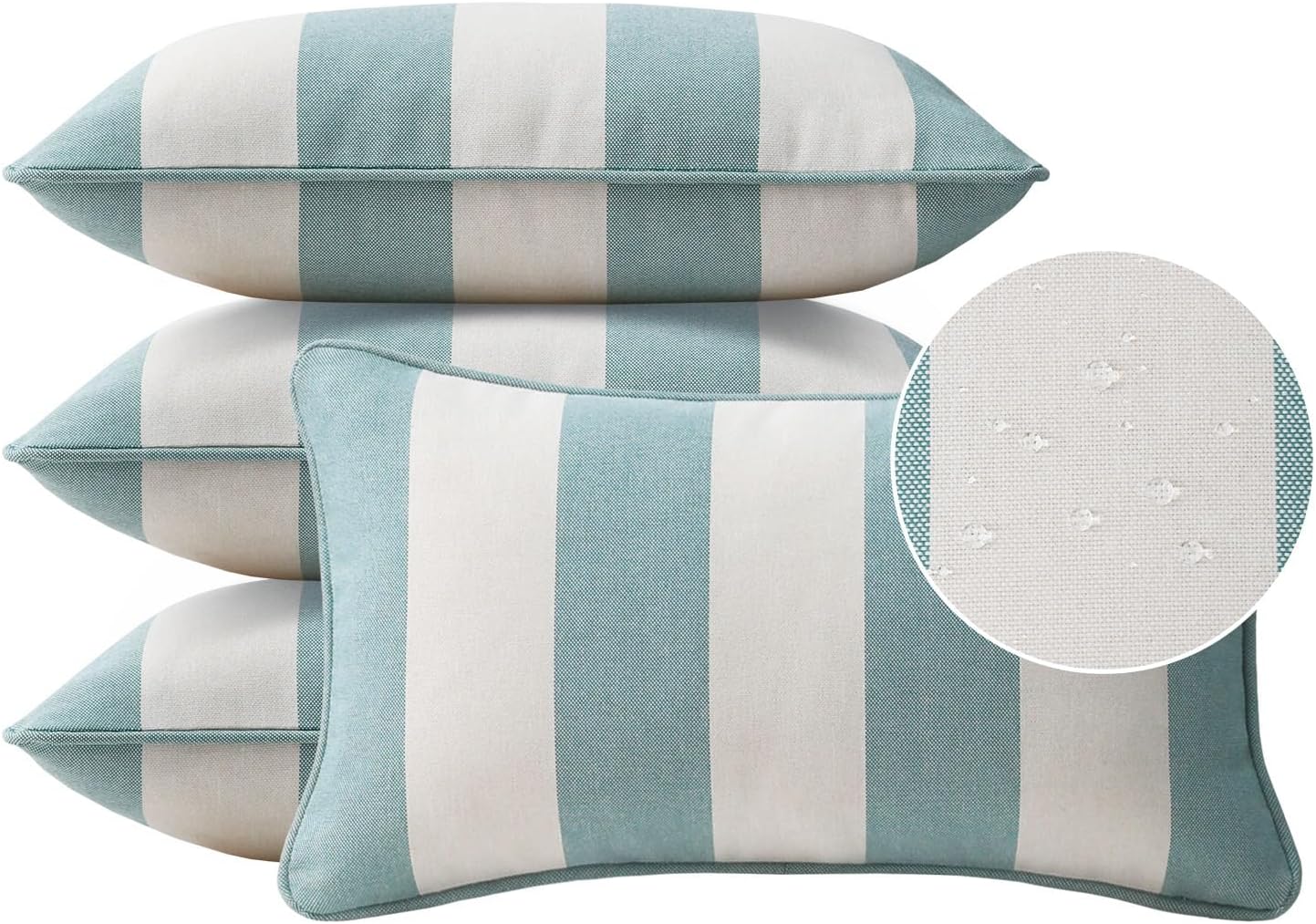Decorative Outdoor Water Repellent Throw Pillows with Inserts, Set of 4, 18" x18" Pillows for Patio, Backyard, Bed, Couch, and Patio Furniture, Turquoise Stripe