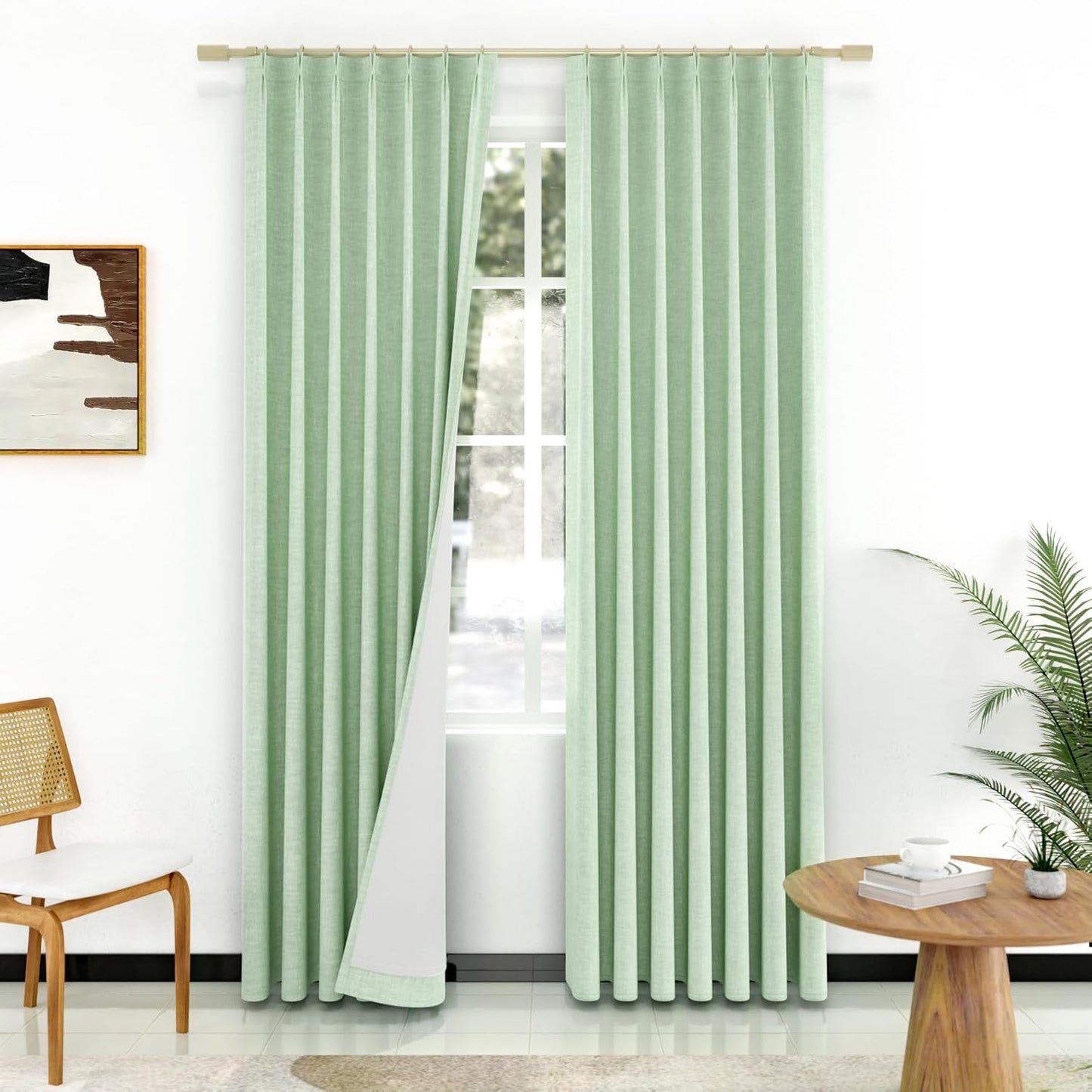 Pinch Pleated 100% Blackout Linen Curtains 95 Inches Long for Bedroom Natural Black Out Pleat Curtains for Living Dining Room Darkening Thermal Insulated Window Curtain Drapes with Pin Hooks, 2 Panels