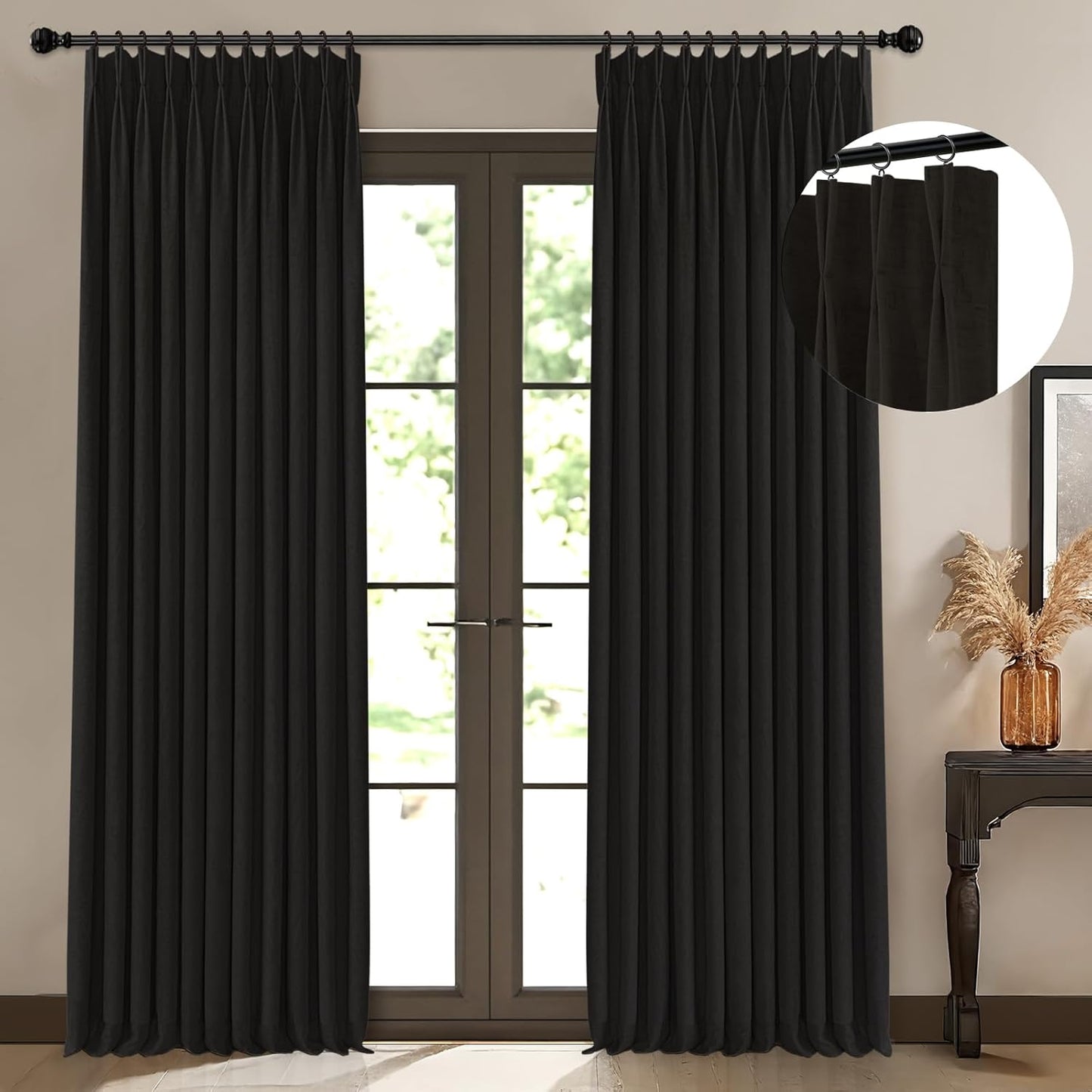 Pinch Pleated Blackout Curtains 96 Inches Long, Linen Blend, 100% Blackout Drapes with 20 Hooks, Ideal for Bedroom and Living Room, 40" W x 96" L (Pack of 2), Natural
