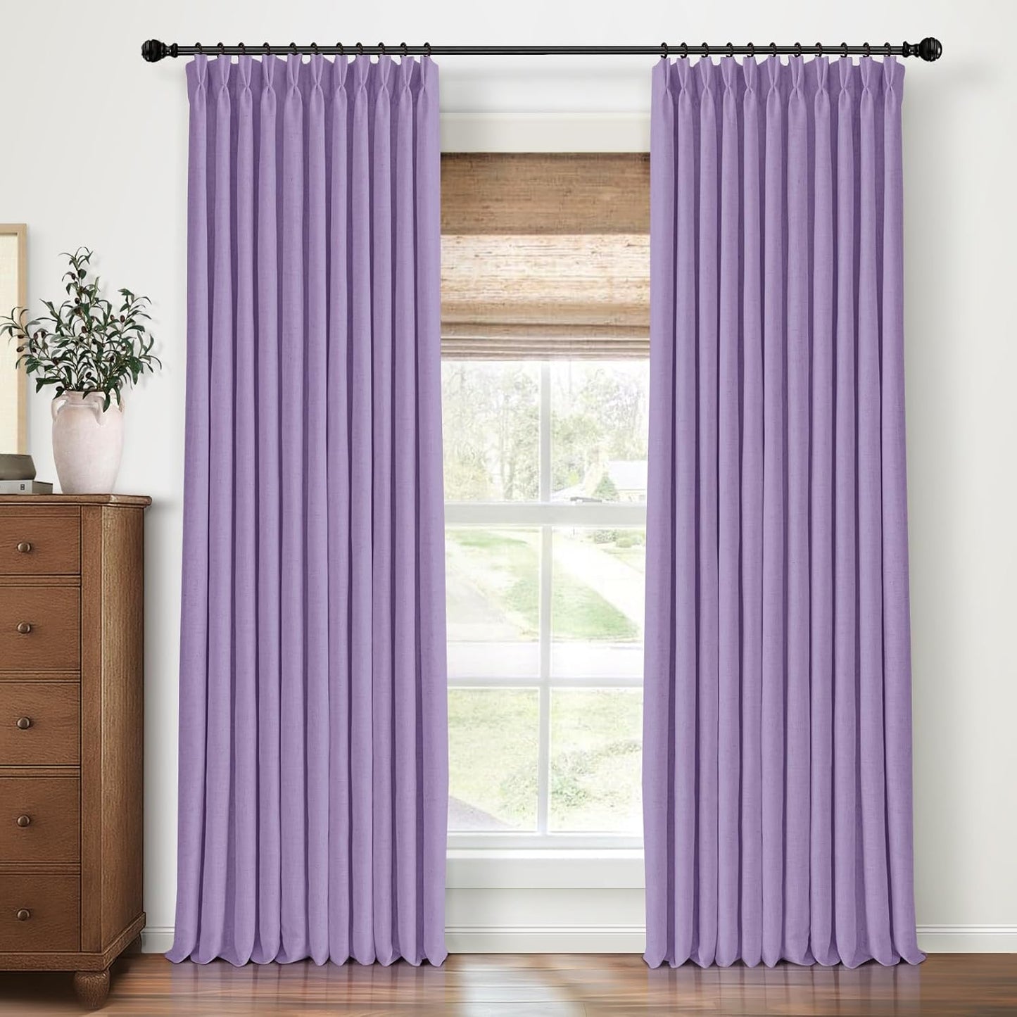 Pinch Pleated Blackout Curtains 96 Inches Long, Linen Blend, 100% Blackout Drapes with 20 Hooks, Ideal for Bedroom and Living Room, 40" W x 96" L (Pack of 2), Natural