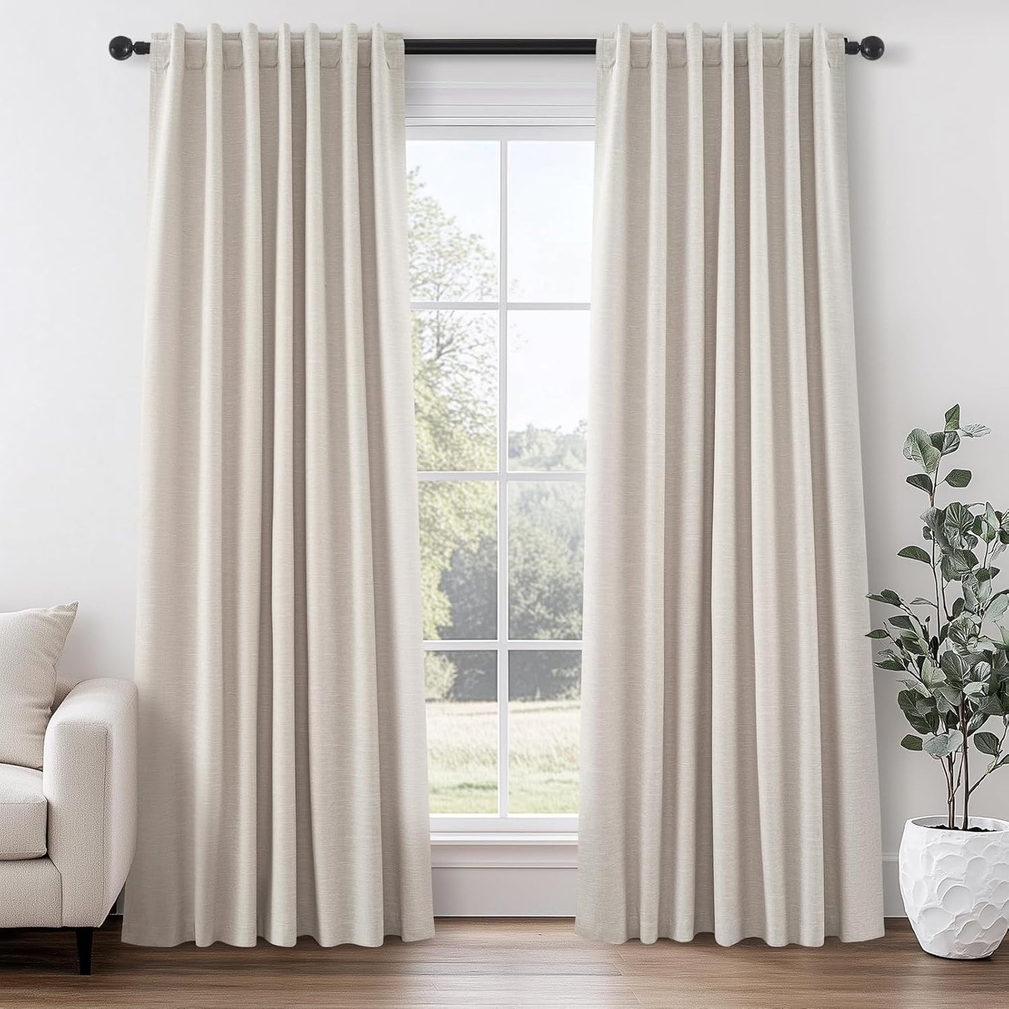 Topfinel Linen Blackout Curtains 96 Inch Long, Light Blocking Rustic Neutral Thermal Insulated Brown Natural Linen Cabin Back Tab Viral Drapery Drapes with Hooks Rings 2 Panel Sets, Brown Tan 8 FT