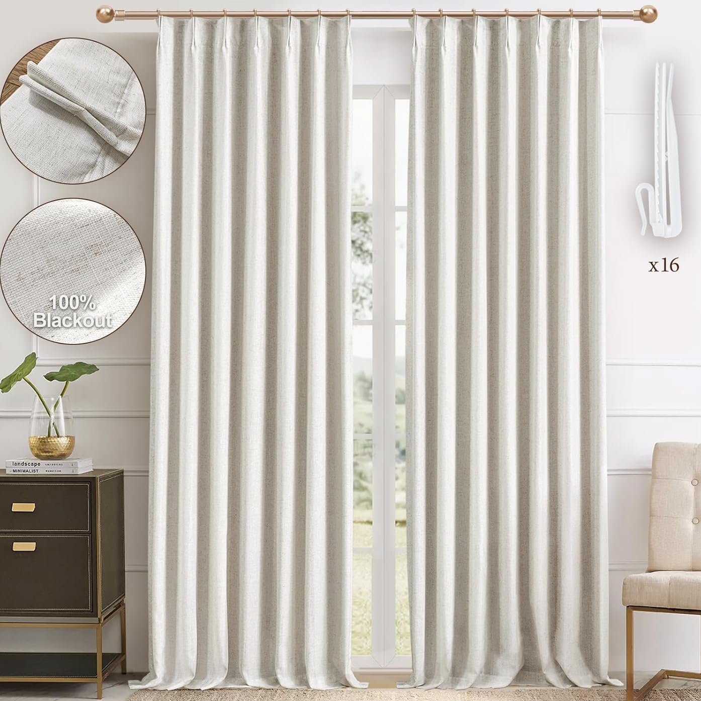 Pinch Pleated 100% Blackout Linen Curtains 95 Inches Long for Bedroom Natural Black Out Pleat Curtains for Living Dining Room Darkening Thermal Insulated Window Curtain Drapes with Pin Hooks, 2 Panels