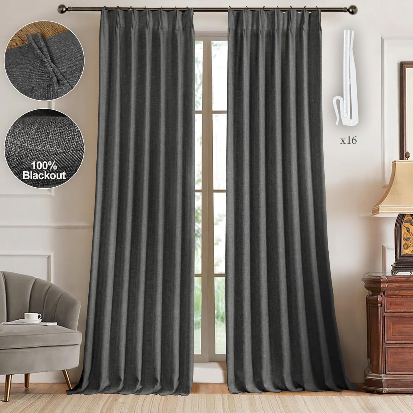 Pinch Pleated 100% Blackout Linen Curtains 95 Inches Long for Bedroom Natural Black Out Pleat Curtains for Living Dining Room Darkening Thermal Insulated Window Curtain Drapes with Pin Hooks, 2 Panels