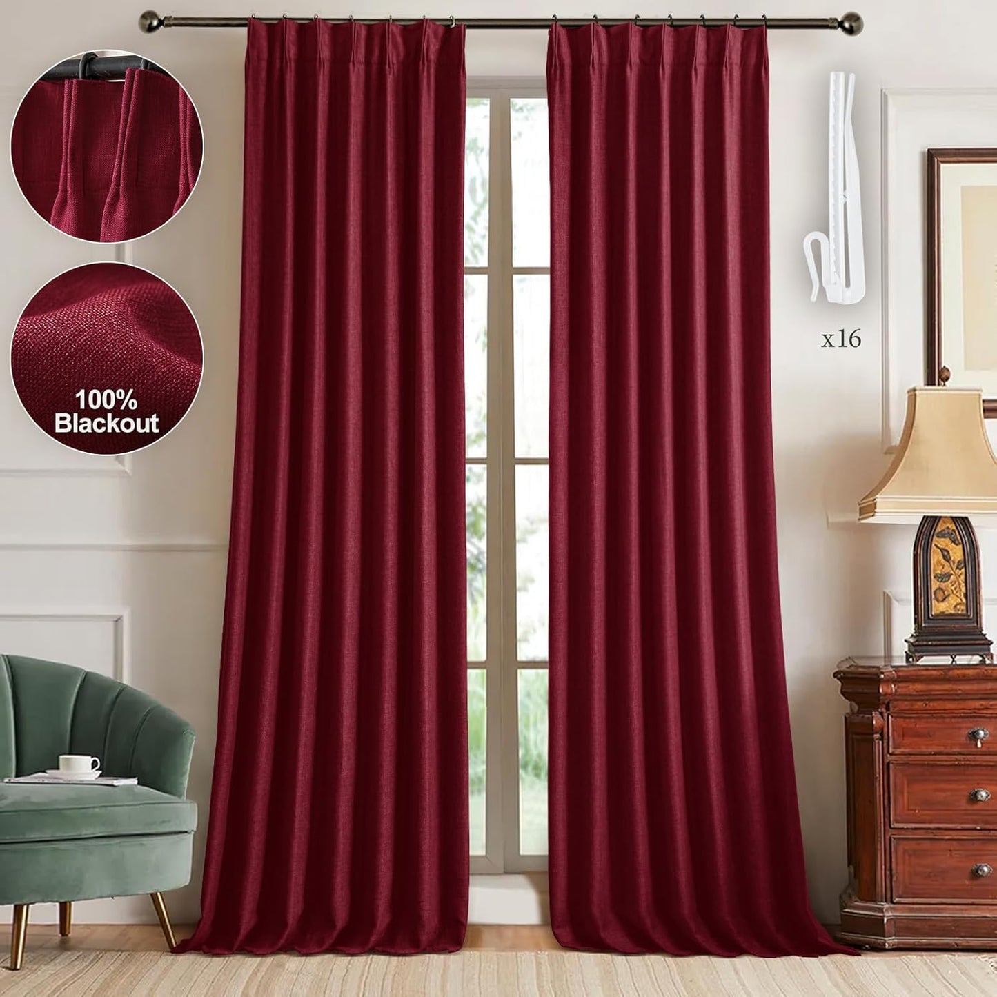 Pinch Pleated 100% Blackout Linen Curtains 95 Inches Long for Bedroom Natural Black Out Pleat Curtains for Living Dining Room Darkening Thermal Insulated Window Curtain Drapes with Pin Hooks, 2 Panels