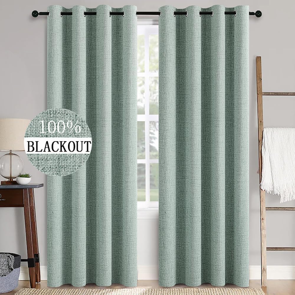 MIULEE 100% Blackout Linen Textured Curtains for Bedroom Solid Thermal Insulated Natural Beige Grommet Room Darkening Curtains & Drapes Luxury Decor for Living Room Nursery 62 x 96 Inch (2 Panels)